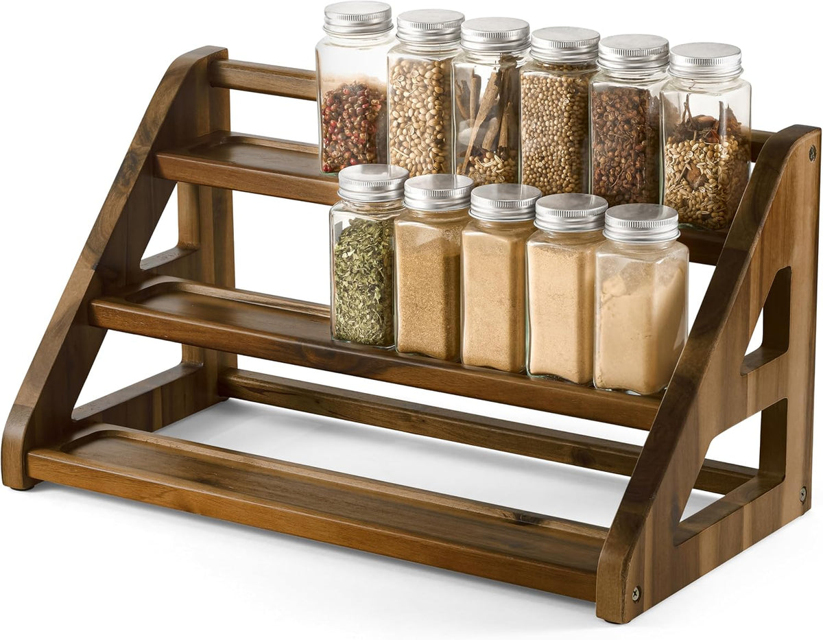 Tinamo Acacia Wood Spice Rack - Wooden 3-Tier Spice Rack Organizer for Countertop or Cabinet – Kitchen Spice Organizer and Seasoning Organizer Shelf (Walnut) | Acacia Wood, 3-tier Spacious Design for 24 Spice Jars, Cutout Grooves for Secure Storage, Ea... - Field & Nook