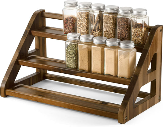 Tinamo Acacia Wood Spice Rack - Wooden 3-Tier Spice Rack Organizer for Countertop or Cabinet – Kitchen Spice Organizer and Seasoning Organizer Shelf (Walnut) | Acacia Wood, 3-tier Spacious Design for 24 Spice Jars, Cutout Grooves for Secure Storage, Ea... - Field & Nook