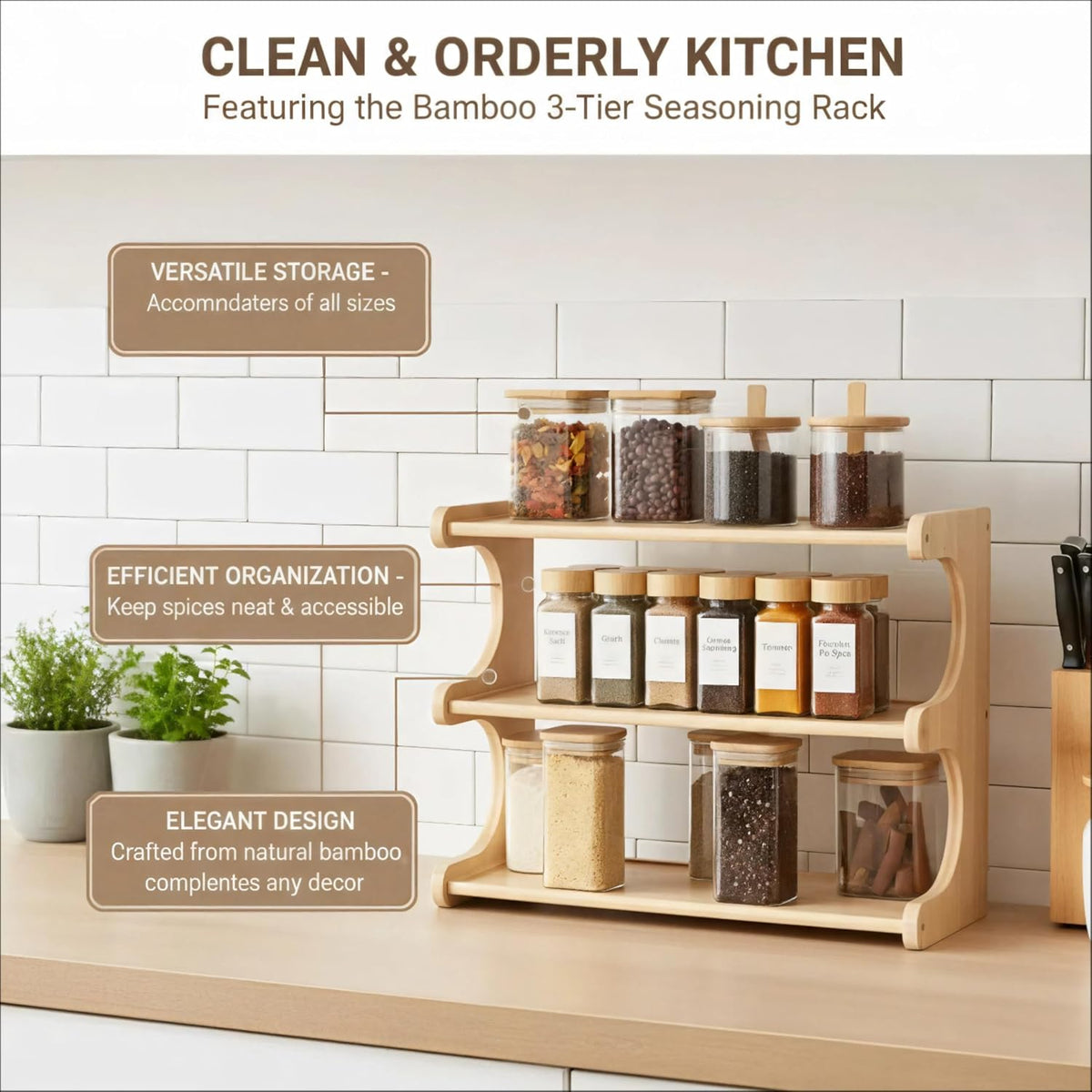 Spice Rack, 3-Tier Bamboo Spice Rack Organizer for Countertops - Kitchen, Pantry and Cupboard Storage Organizer - Field & Nook