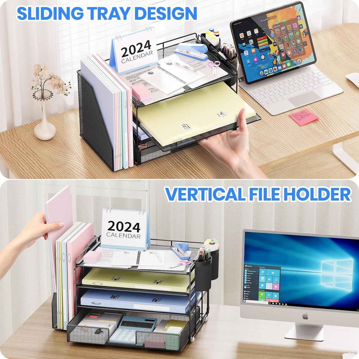 Desk Organizer, 4-Tier Desktop File Organizer with Drawer and Pen Holders, Office Desk Accessories, File Sorters, Workspace Organizers for Office Supplies(Black)