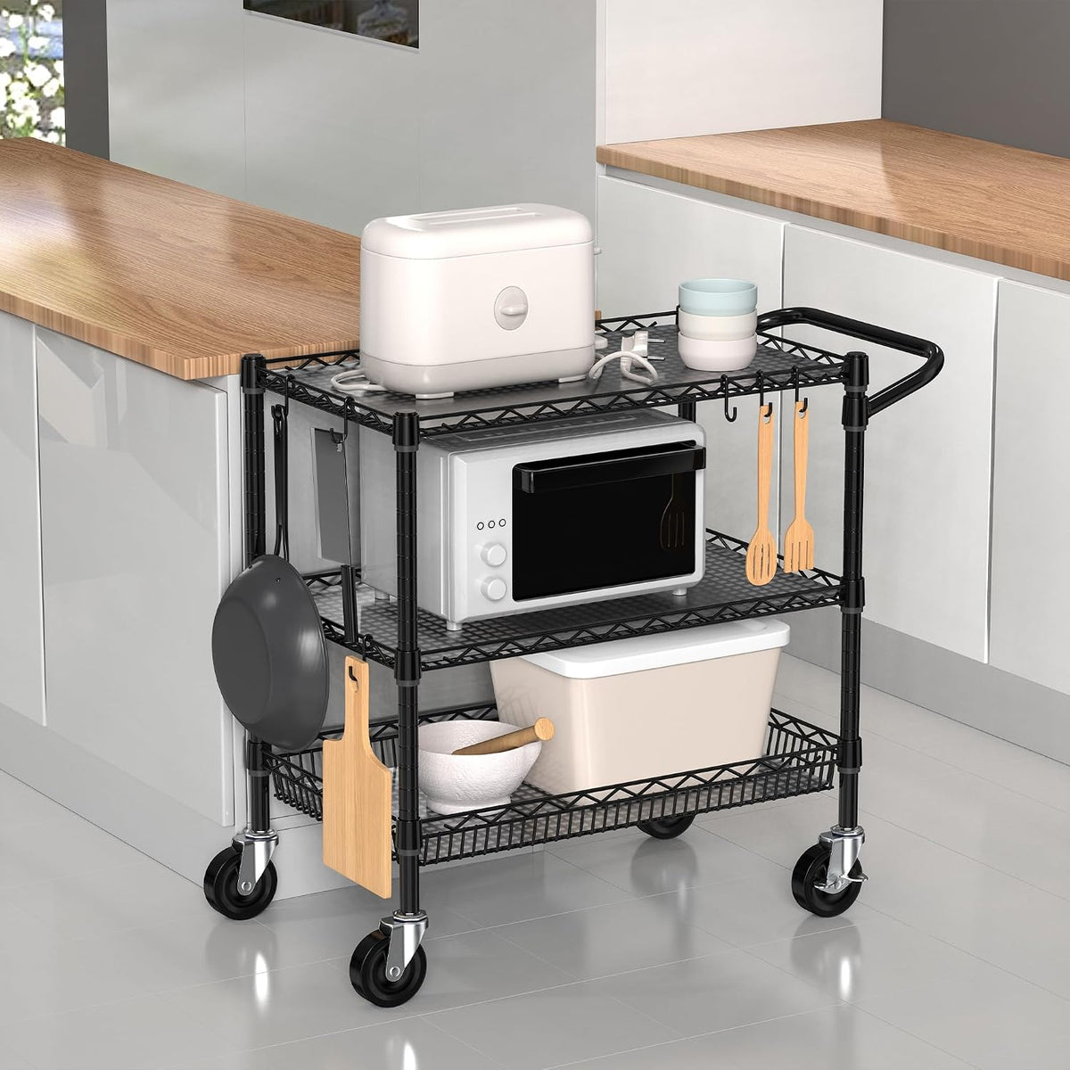 Folews Heavy Duty Rolling Cart with Wheels, 3 Tier Commercial Grade Utility Cart, Metal Storage Organizer Trolley with Handle Bar & Shelf Liner for Pantry, Laundry Room & Household Supplies, Black - Field & Nook