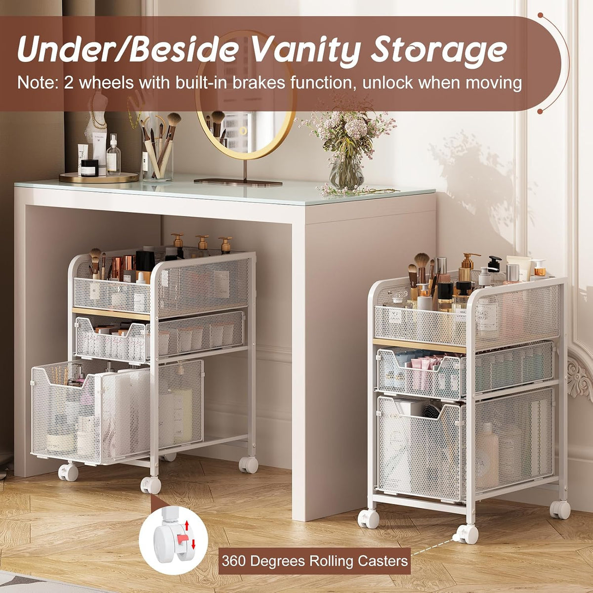 Hongtamoya Rolling Makeup Cart Organizer with 2 Drawers, Under Desk Storage | Narrow Floor Skincare Organizers, Vanity Organizer Cosmetics Display Cases Holder for Nail Polish Perfume Makeup Brush, White - Field & Nook