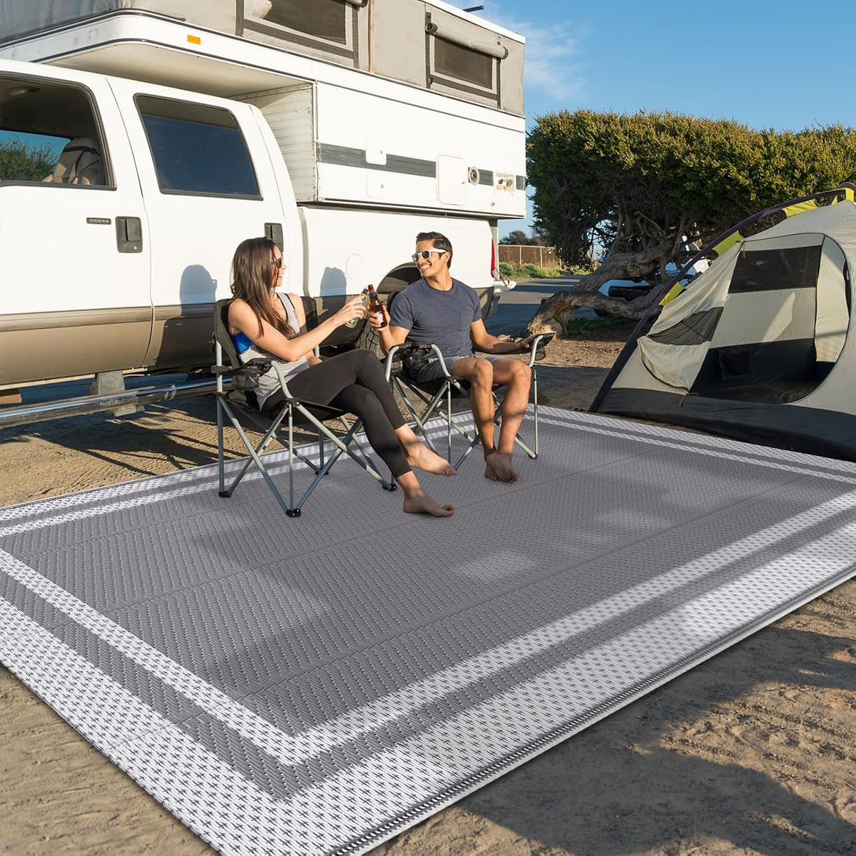 Outdoor Rug Portable Plastic Straw Camping Rugs for Outside RV | Large Reversible Waterproof Outdoor Area Rugs for Patio,Deck,Porch,Balcony(5'x 8',White&Gray)