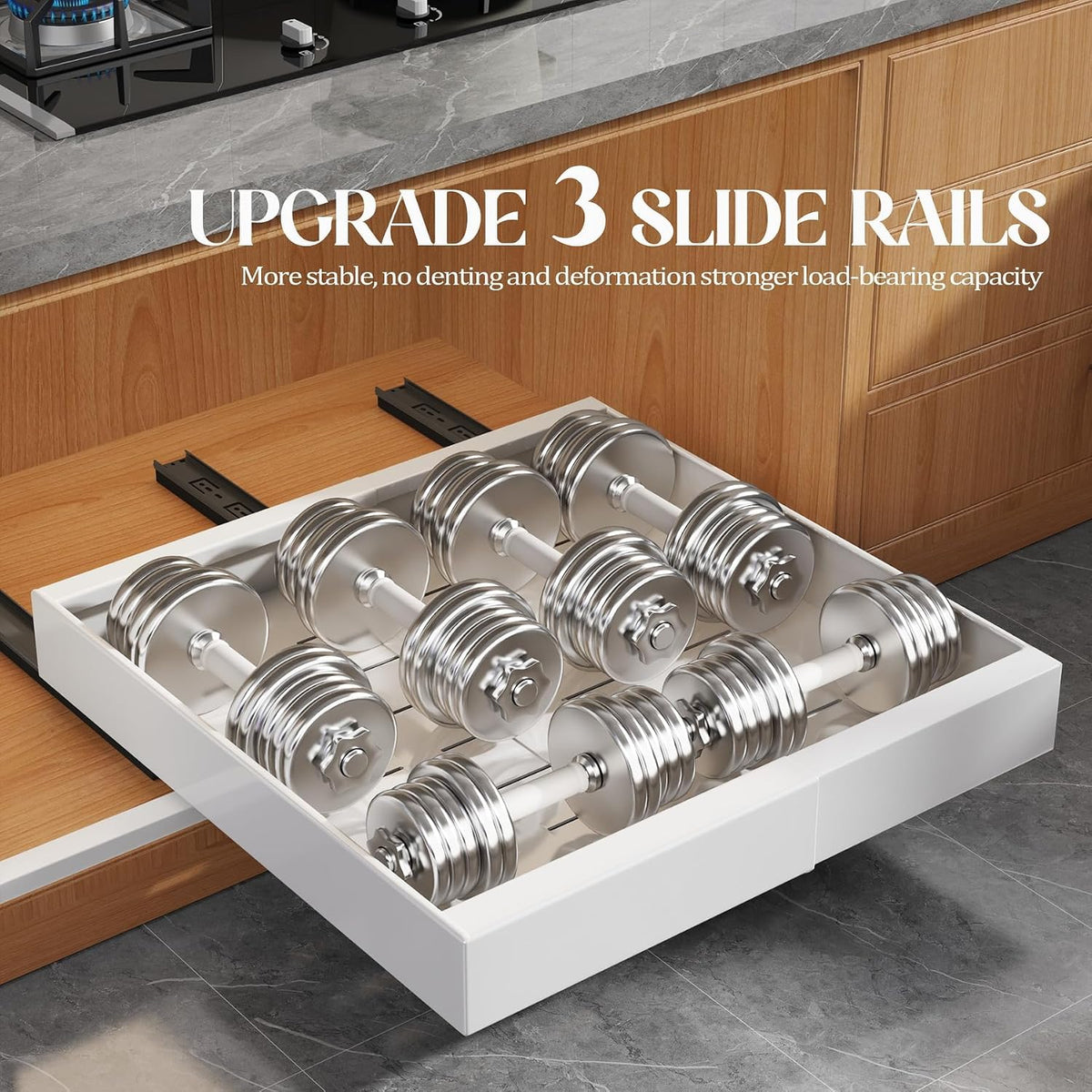 Seinloes 4 Pack Expandable Pull Out Cabinet Organizer 21"Deep With Raising Pad for Framed Cabinets,Upgrade 3 Slide Rails Slide Out Drawers,No Drill Roll Out Shelves,Adjustable Width 12.1"-20.4" White - Field & Nook