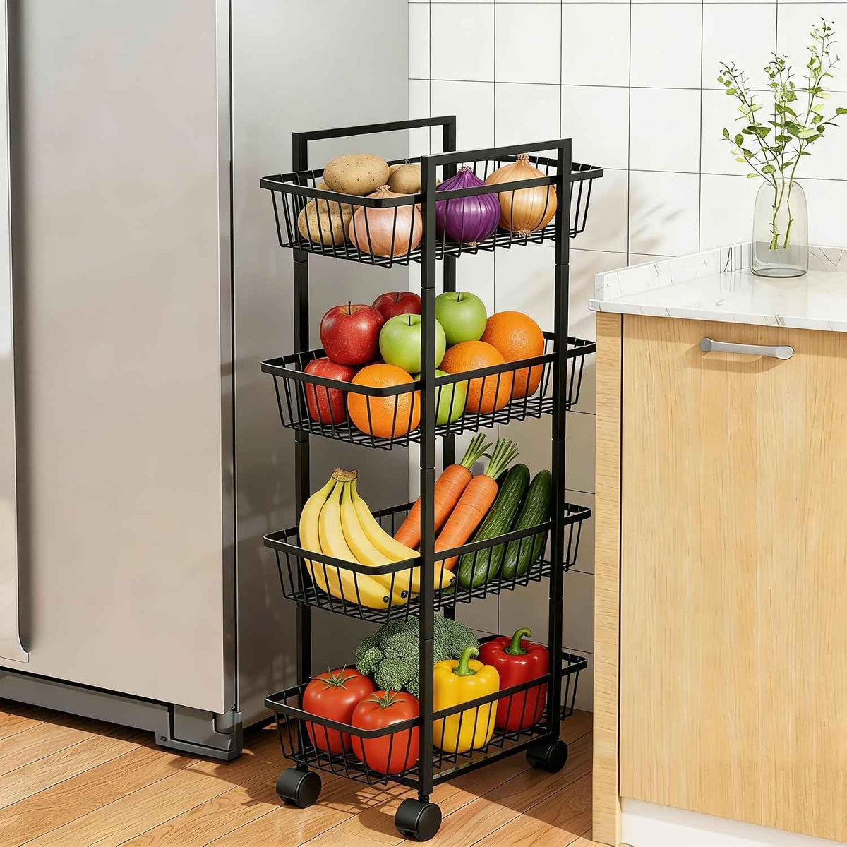 Simple Trending 4 Tier Rolling Fruit Vegetable Basket Cart, Black | Metal Wire, Kitchen Storage Organizer, On Wheels, For Bread Onion Potatoes