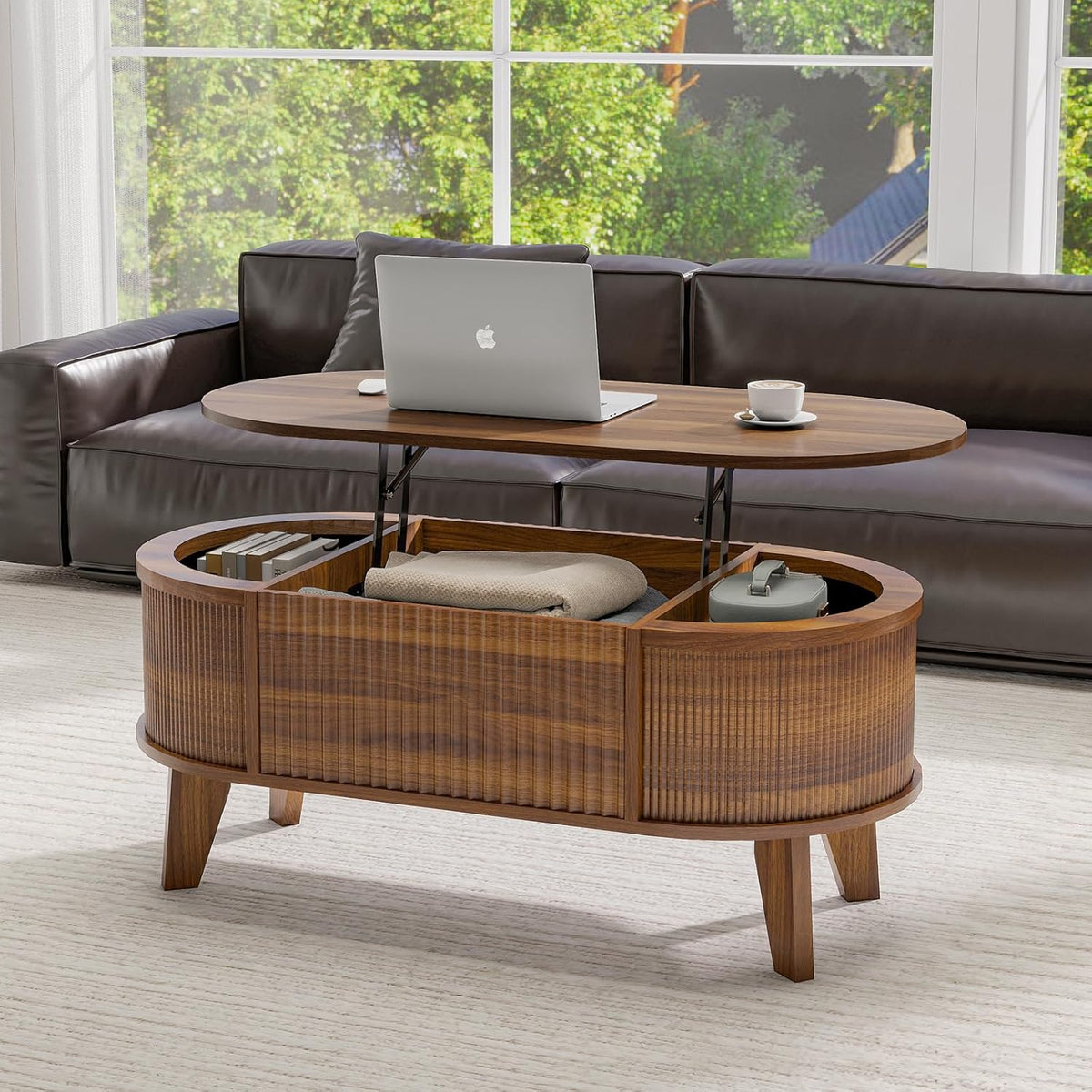 LYNCOHOME Fluted Lift Top Coffee Table, Walnut