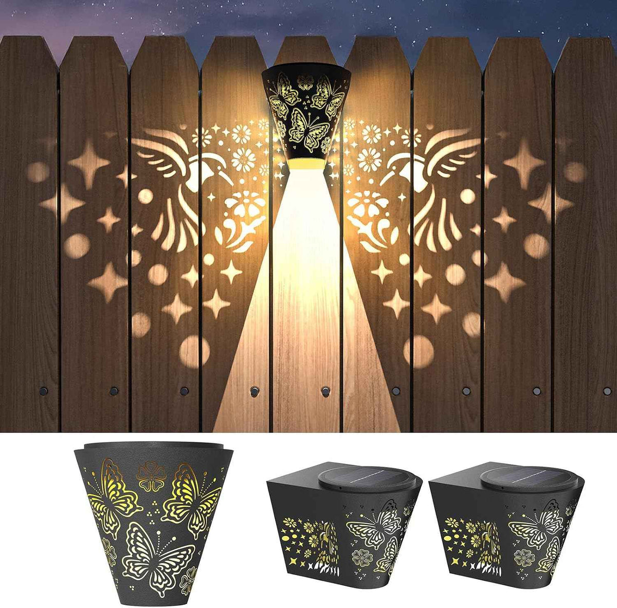 2 Pack Solar Fence Lights Outdoor Wall lihgts Decorations Metal Solar Deck Lights Waterproof LED Solar Powered Step Lights Warm White Light Decorative Lighting for Garden, Front Door, Backyard (metal)