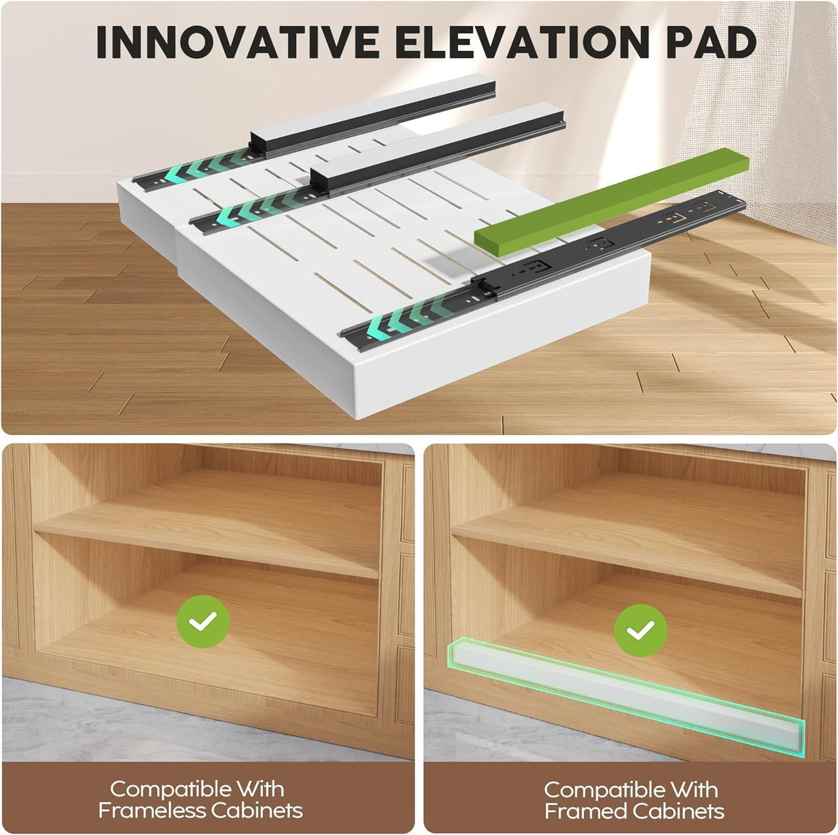 Seinloes 2 Pack Pull Out Cabinet Organizers 21"Deep with Raising Pad for Framed Cabinets,Expandable Slide Out Drawers Upgrade 3 Slide Rails,Roll Out Shelves Adhesive,Adjustable Width 12"-20.45" White - Field & Nook