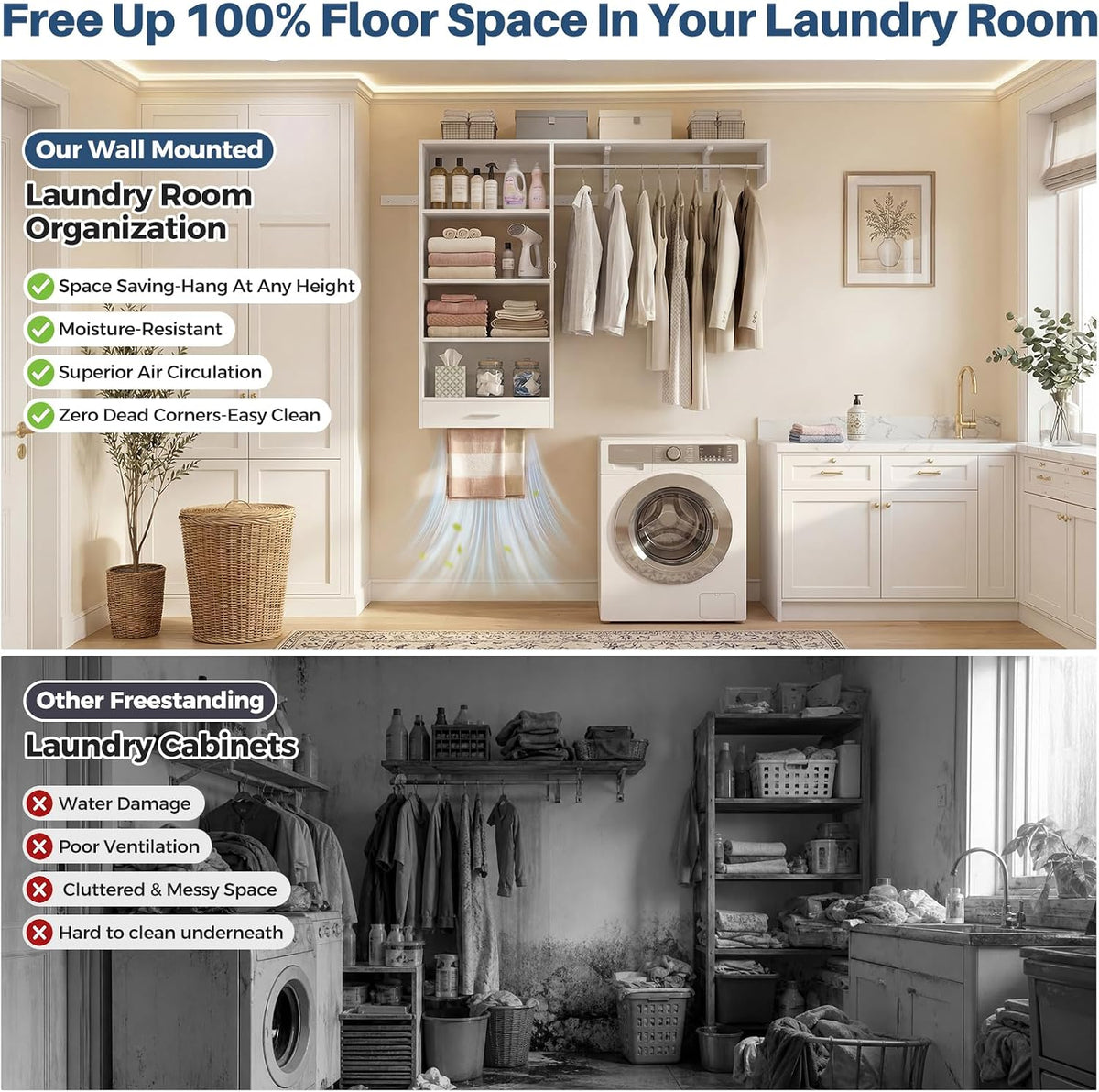 60-Inch Wall-Mounted Laundry Shelf & Hanging Rack - Field & Nook