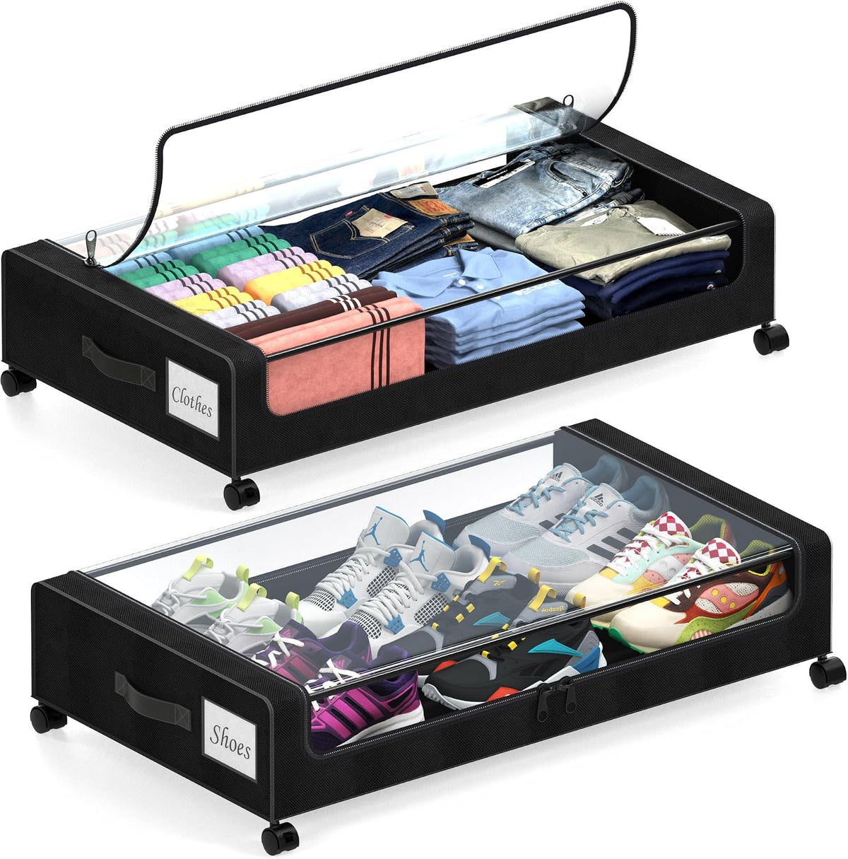 Under Bed Storage with Wheels, 2 Pack Under Bed Storage Containers with Clear Lids, XXL 65L Under Bed Storage Organizer, Rolling Under Bed Metal Drawer for Blanket, Clothes, Shoes (31 x 17 x 6.69 in) - Field & Nook