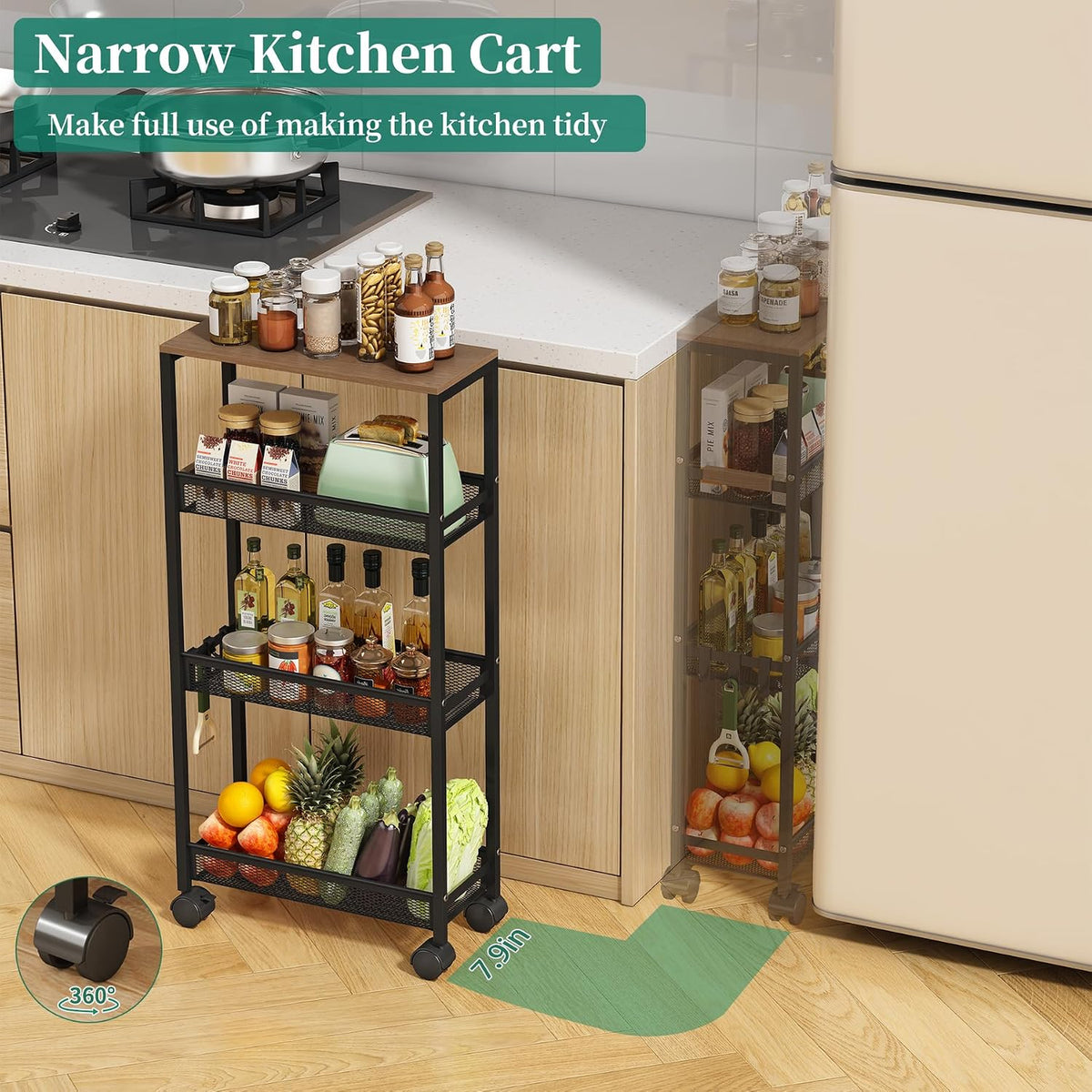 Utility Slim Storage Cart – 4-Tier Rolling Cart with Wheels - Field & Nook