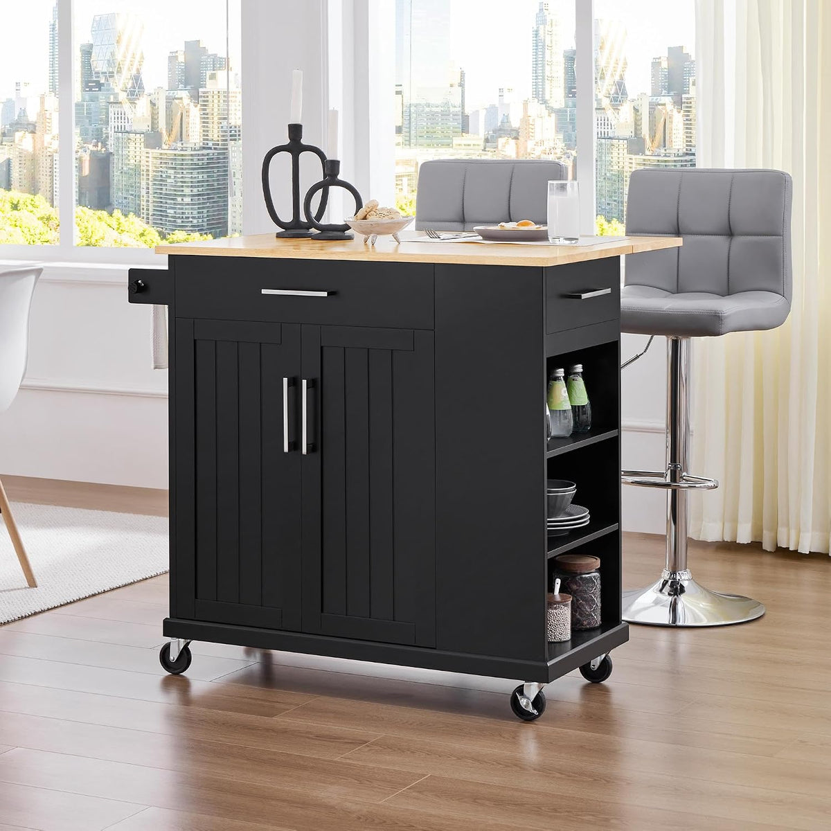 Rolling Kitchen Island Cart – Drop Leaf, Drawers, Cabinet & Towel Bar, Black