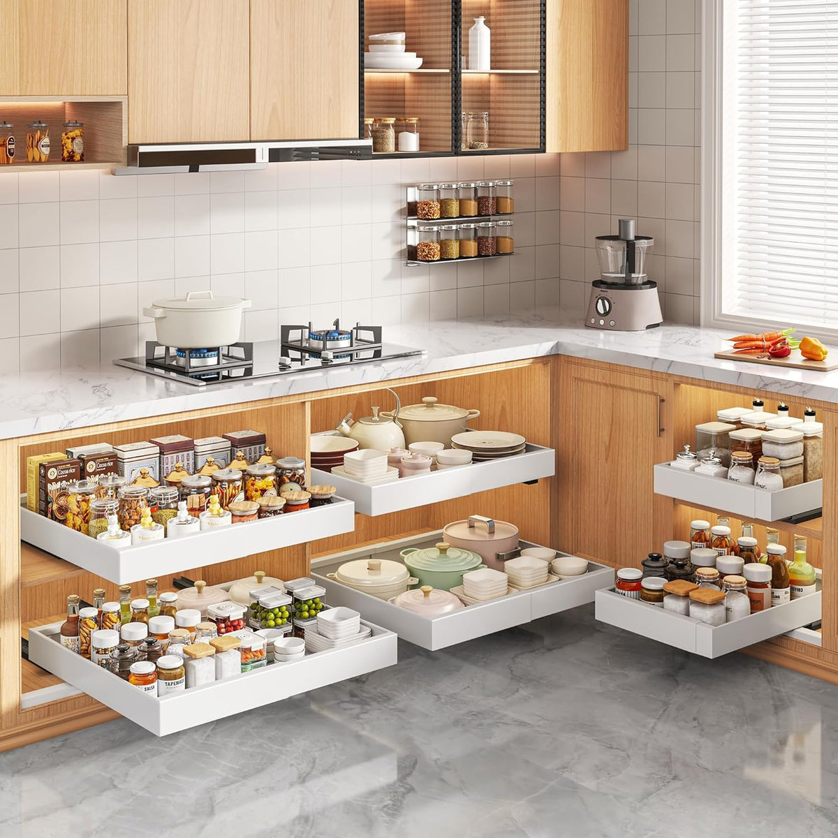 Seinloes 2 Pack Pull Out Cabinet Organizers 21"Deep with Raising Pad for Framed Cabinets,Expandable Slide Out Drawers Upgrade 3 Slide Rails,Roll Out Shelves Adhesive,Adjustable Width 12"-20.45" White - Field & Nook