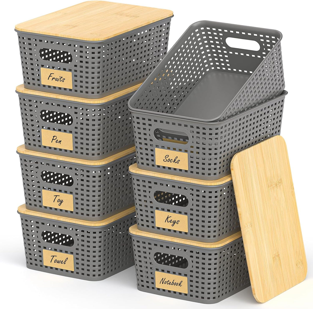 Stackable Storage Baskets: 8 Pack Plastic Baskets Bins, Gray | Decorative Baskets for Organizing, Pantry Decorative Containers for Closets, Cabinets, Shelves - Field & Nook