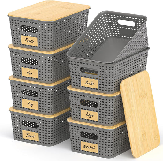 Stackable Storage Baskets: 8 Pack Plastic Baskets Bins, Gray | Decorative Baskets for Organizing, Pantry Decorative Containers for Closets, Cabinets, Shelves - Field & Nook