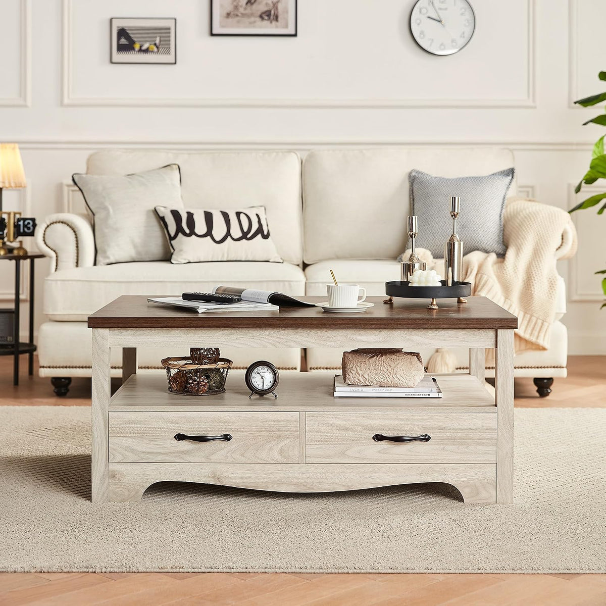 LINSY HOME Farmhouse Coffee Table with Storage, Oak and Brown