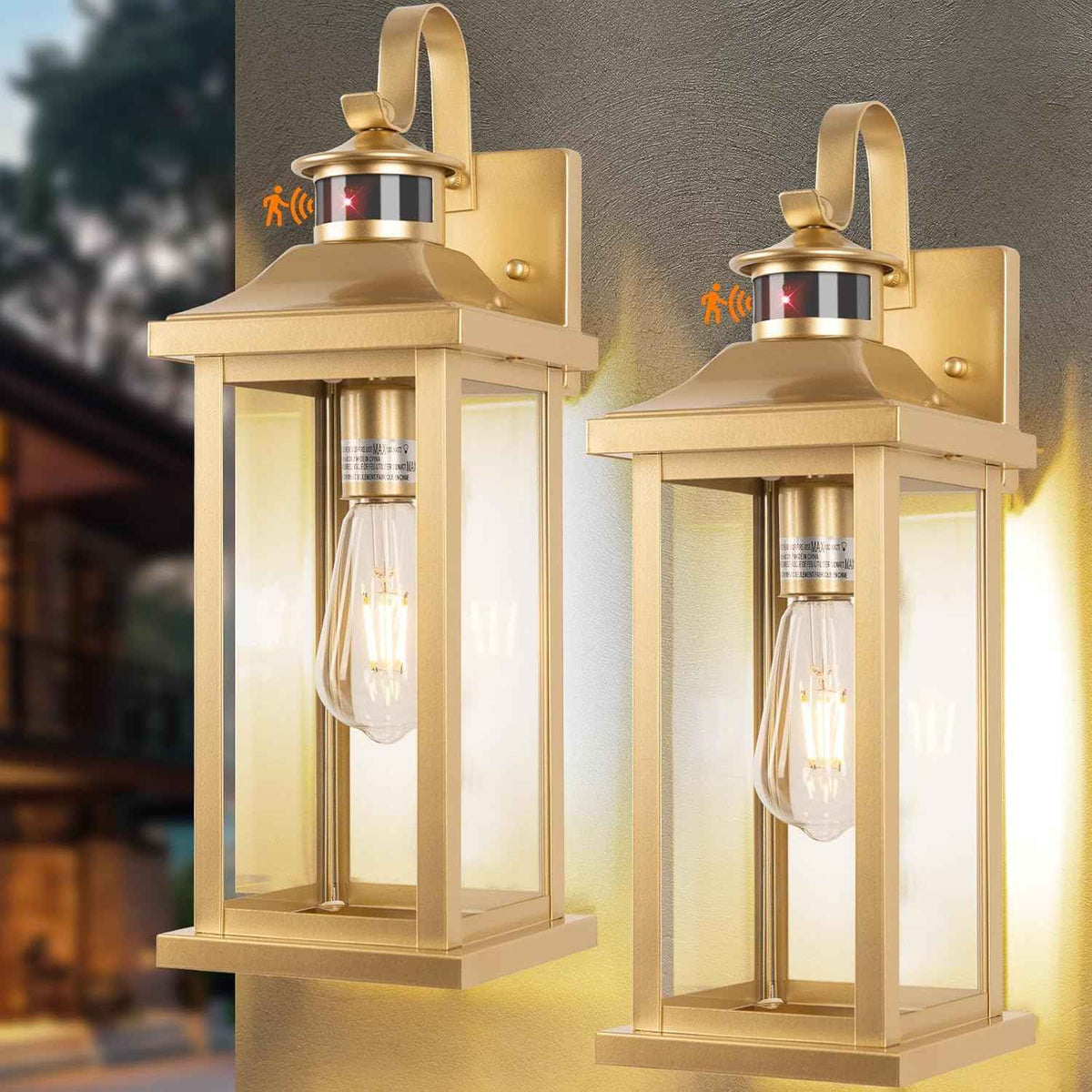 2-Pack Gold Dusk to Dawn Motion Sensor Lights 18 Inch, Large Outdoor Light Fixtures IP65 Waterproof Anti-Rust Brass Outside Lights for House Photocell Modern Exterior Lanterns Wall Mounted