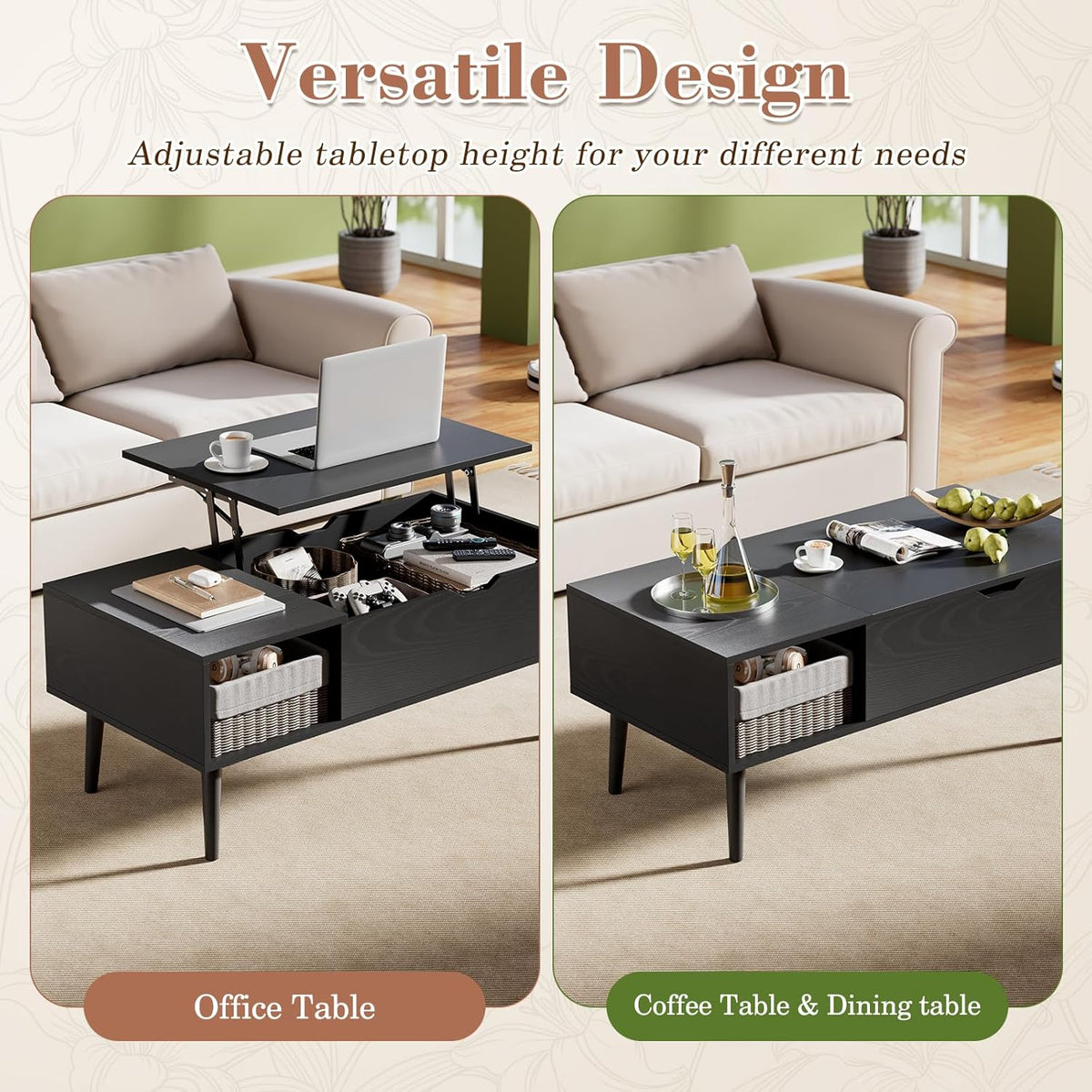 OLIXIS Lift Top Coffee Table with Hidden Storage, Black