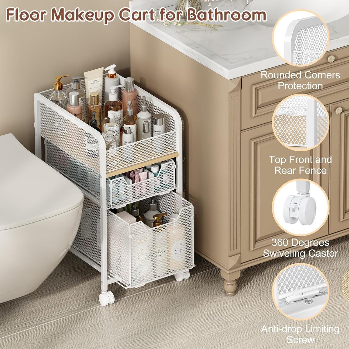 Hongtamoya Rolling Makeup Cart Organizer with 2 Drawers, Under Desk Storage | Narrow Floor Skincare Organizers, Vanity Organizer Cosmetics Display Cases Holder for Nail Polish Perfume Makeup Brush, White - Field & Nook