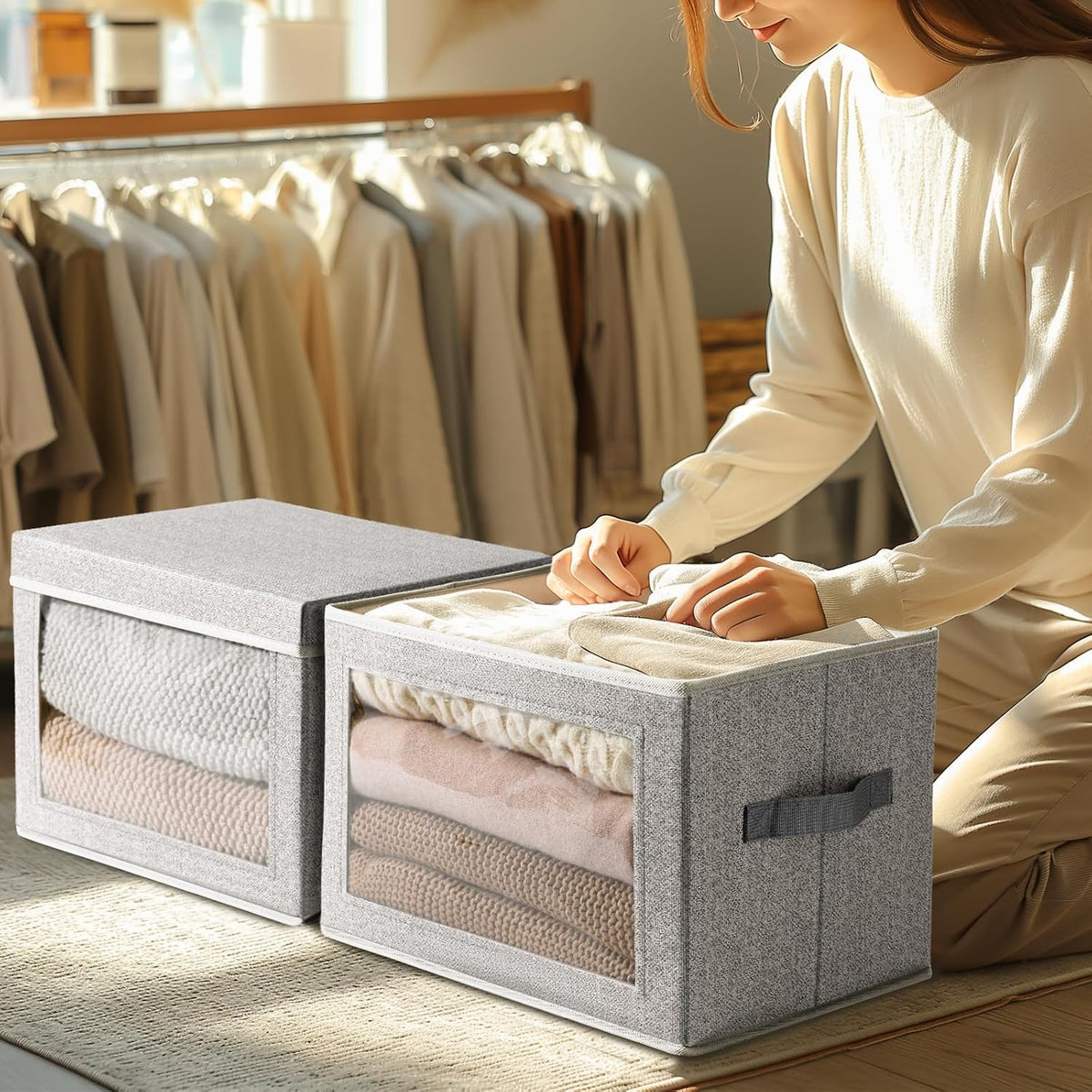 Large Storage Baskets Bins with Lids - Stackable Cube Bins for Closet, 3 Pack Windows Organizer Bins, Home Organizers and Storage for Clothes, CD, Towels, Light Grey - Field & Nook