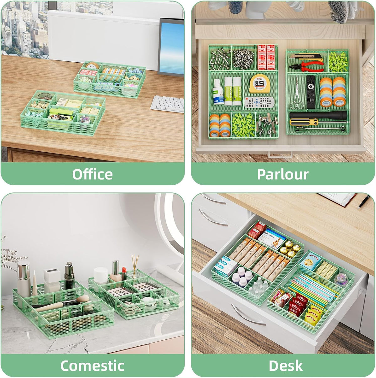 Marbrasse 2 Pack Desk Drawer Organizer, Mesh Drawer Organizer Tray with 8 Adjustable Compartments, Desk Organizers and Accessories, 5 Dividers Drawer for Office Supplies, Makeup & Vanity (Green) - Field & Nook
