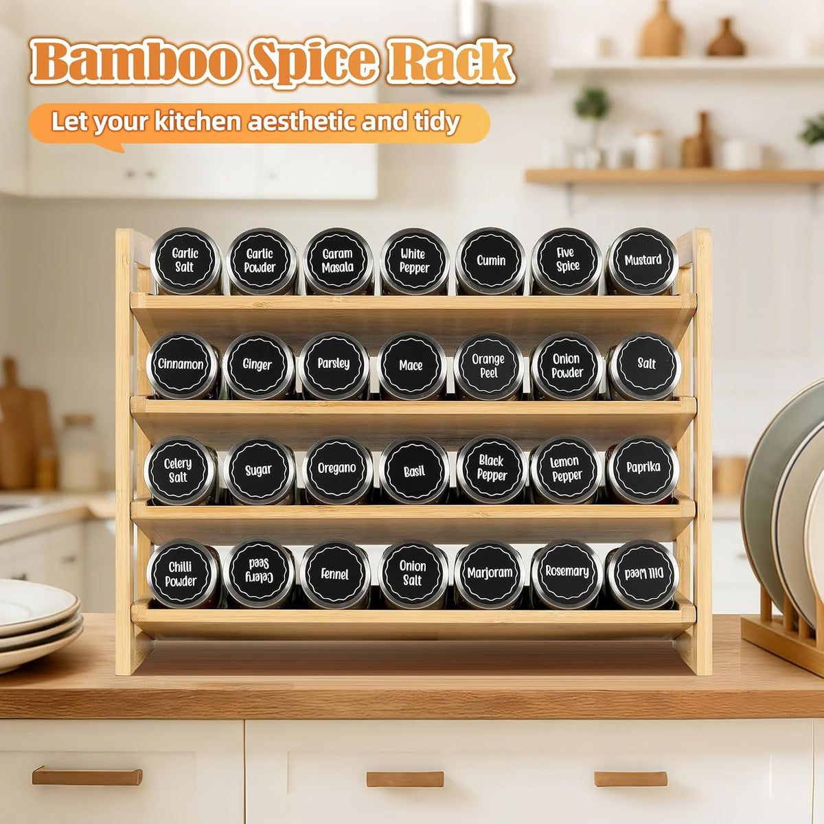 4-Tier Spice Rack Seasoning Organizer for Cabinet Pantry Countertop | Save Vertical Space, Bamboo Material with Aesthetic Design, Easy to Pick and Quick to Assemble - Field & Nook