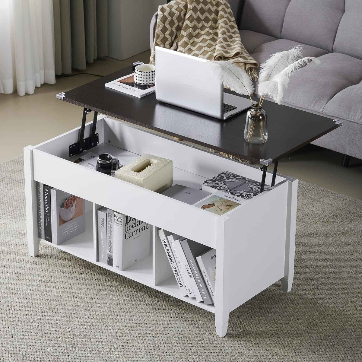 VINGLI 39" Lift Top Coffee Table, White & Dark Brown