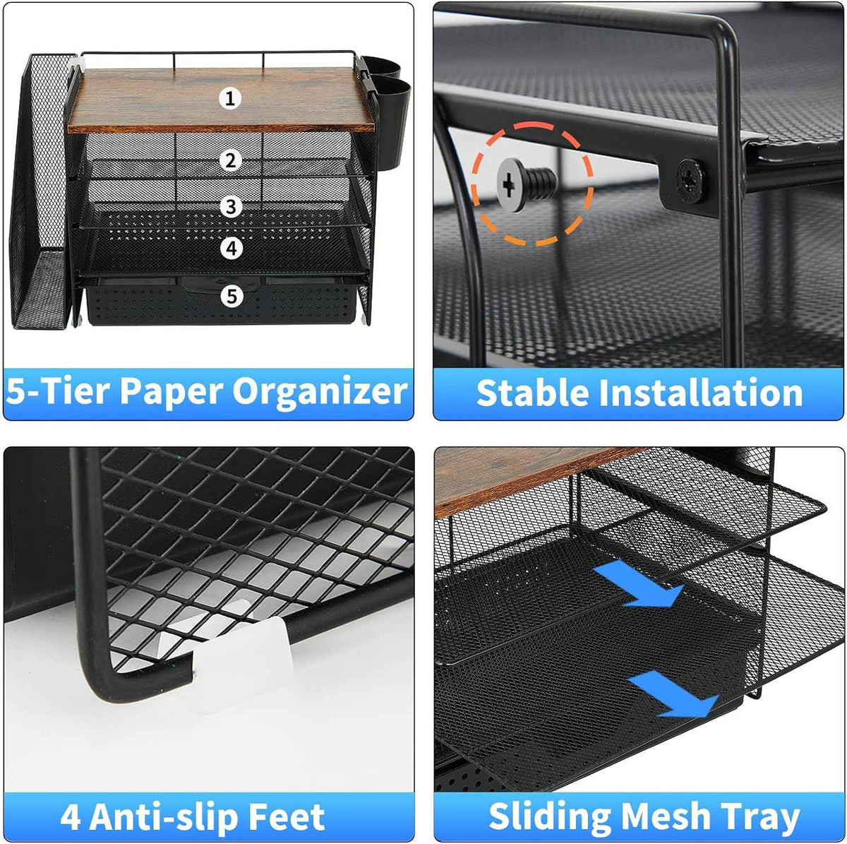 Desk Organizer, 5-Tier Desktop File Organizer with Drawer and Pen Holders, Office Desk Accessories, File Sorters, Workspace Organizers for Office Supplies(Wood)