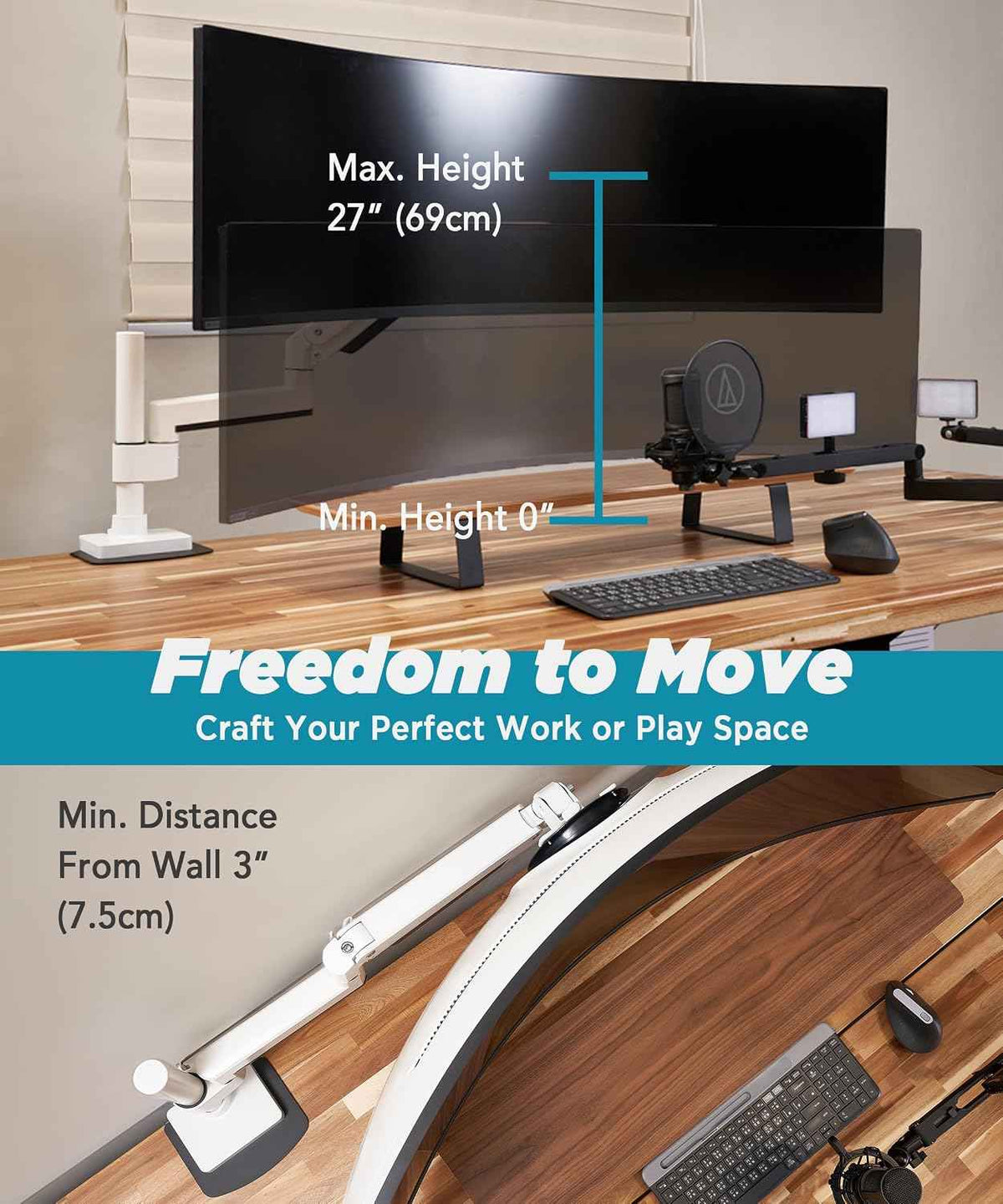 ULTRARM Heavy Duty Monitor Arm for Ultrawide Curved Monitors Modular Design | Max 57", 44 lb, 900R Screens, VESA 100x100, Upgradable, Pneumatic Height Adjustable, C-clamp & Grommet Mount, White, MA20PW-S