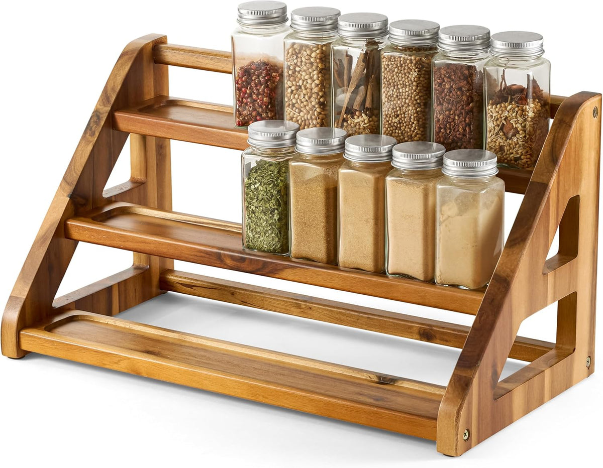 Tinamo Acacia Wood Spice Rack for Countertop - Wooden Tray Holds 24 Jars Spice Racks Organizer for Storage Shelf - 3 Tiered Spice Rack Organizer for Cabinet - Spice Shelf for Kitchen Pantry (Acacia) | Solid Acacia Wood, 3-tier Spacious Design for 24 Sp... - Field & Nook