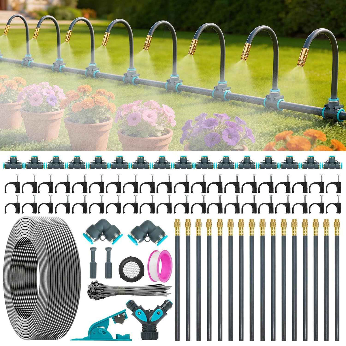 360° Adjustable Drip Irrigation System 100FT,5/16" Garden Watering Kit with 16 Copper Nozzles,82Pcs Drip Irrigation Kit，Automatic Misting Sprinkler System for,Raised Bed, Patio, Lawn & Yard Care