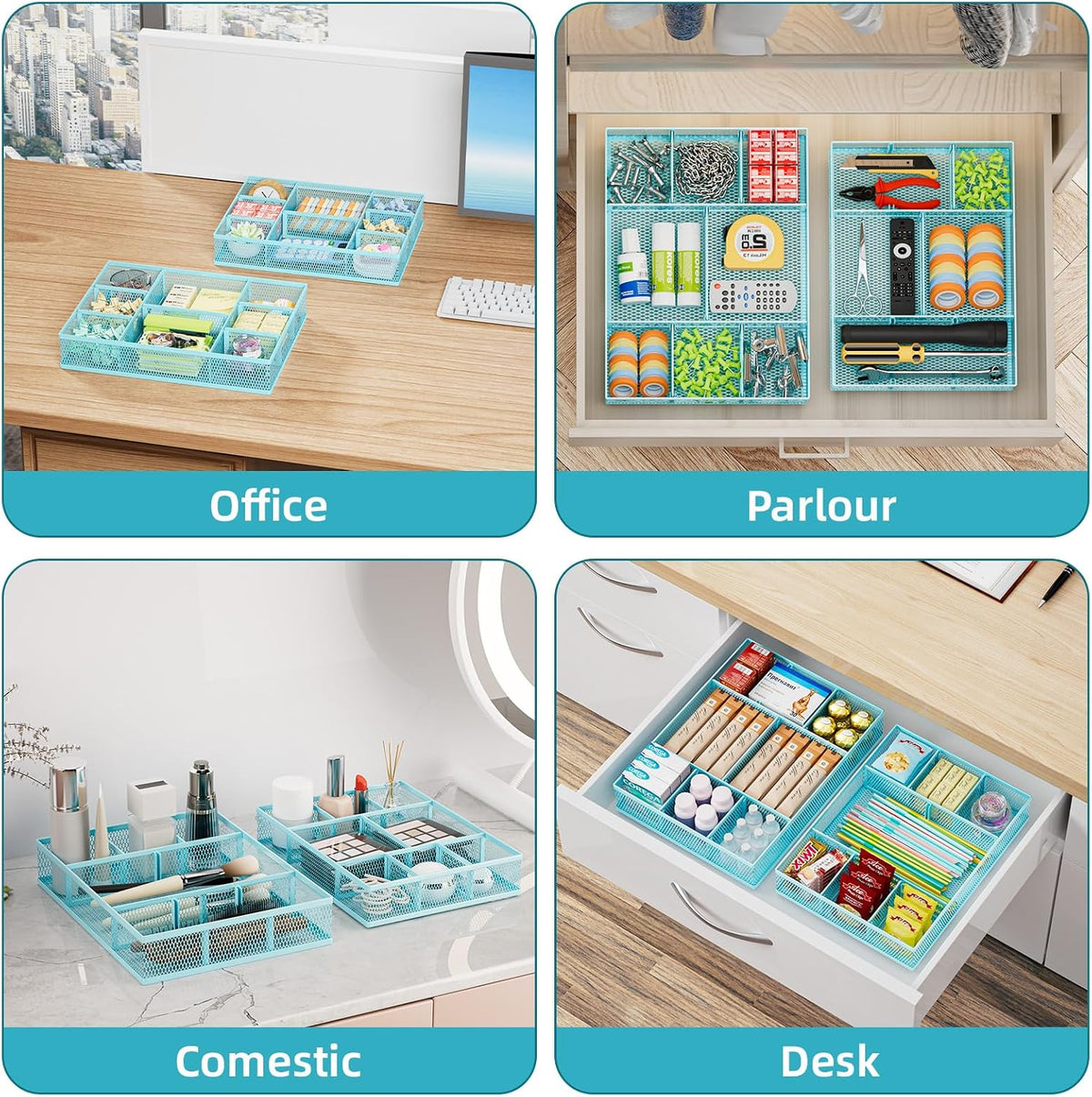 Marbrasse 2 Pack Desk Drawer Organizer, Mesh Drawer Organizer Tray with 8 Adjustable Compartments, Desk Organizers and Accessories, 5 Dividers Drawer for Office Supplies, Makeup & Vanity (Blue) - Field & Nook