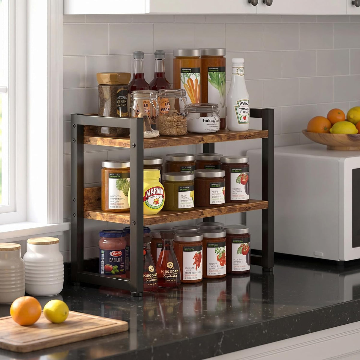 Kitchen Countertop Organizer Shelf, 3 Tier Spice Rack Wood Coffee Counter Shelf Kitchen Cabinet Organizer with Metal Leg for Countertop, Pantry, Bathroom Countertop Organizer, Rustic Brown - Field & Nook