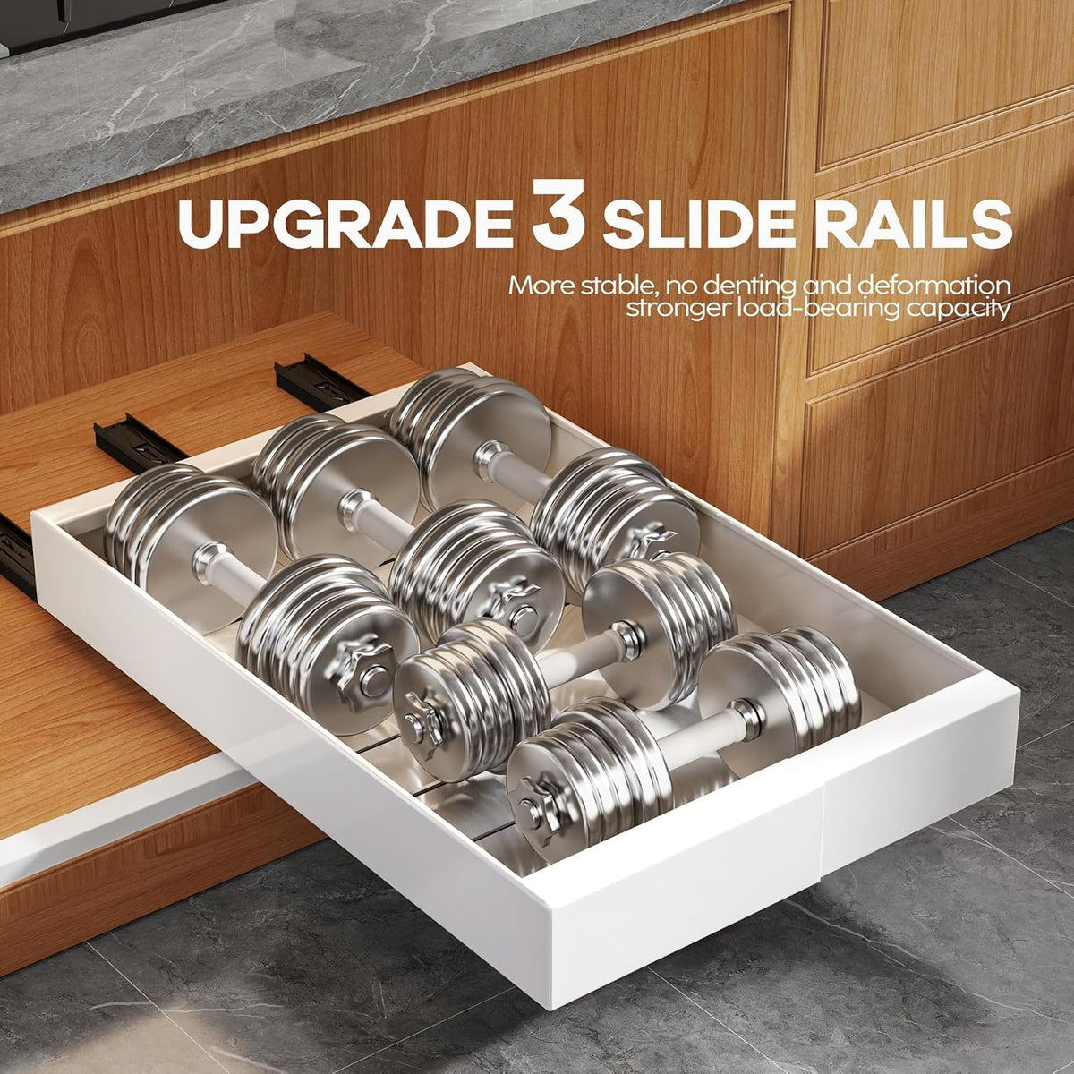 Seinloes 2 Pack Expandable (9"-14") Pull Out Cabinet Organizer 21" Deep With Raising Pad for Framed Cabinets,Upgrade 3 Slide Rails Slide Out Drawers,No Drill Roll Out Shelves Adhesive,White - Field & Nook
