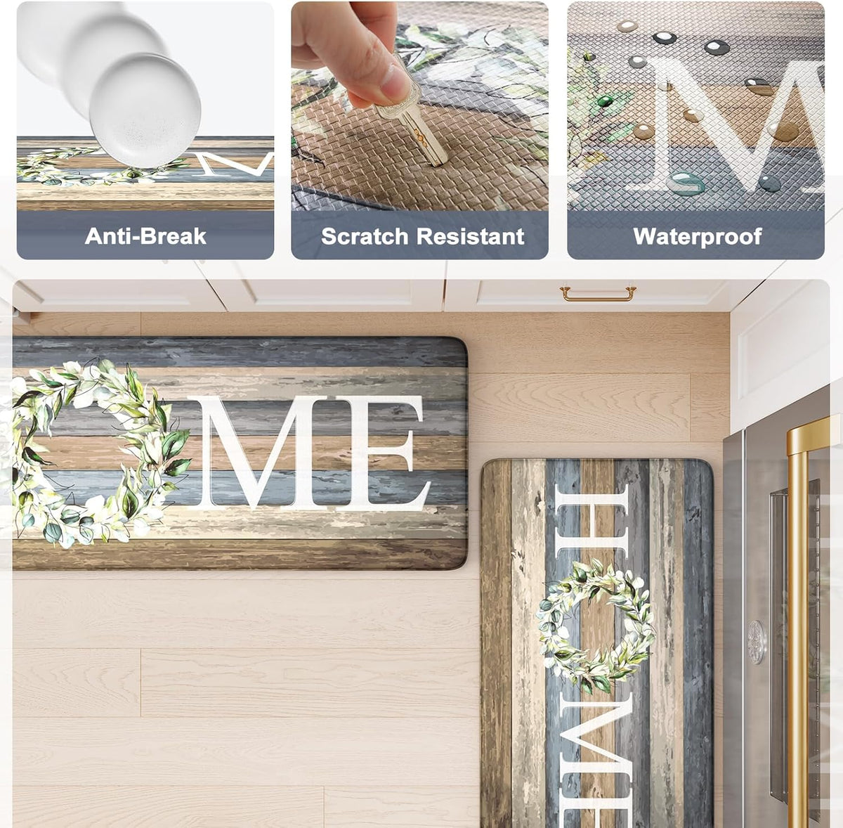 KIMODE Kitchen Mats 2PCS Cushioned Anti Fatigue Kitchen Mats for Floor | 17.3"x 47"+17.3"x 29",Farmhouse, Blue,Non Slip Waterproof Sink Rug Set 2 Comfort Standing Desk Mat for Office Laundry Home