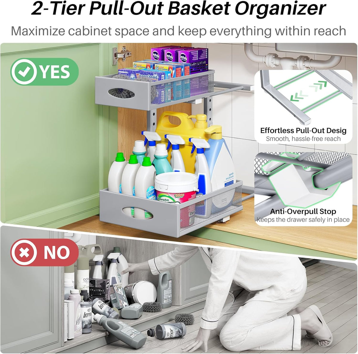 Under Sink Organizer, 2-Pack Pull Out Cabinet Organizer 2 Tier Metal Slide Out Storage Shelf Rack, L-Shaped Adjustable Height,Mesh Sliding Drawer for Kitchen, Bathroom, Laundry, Pantry, Grey, XL - Field & Nook