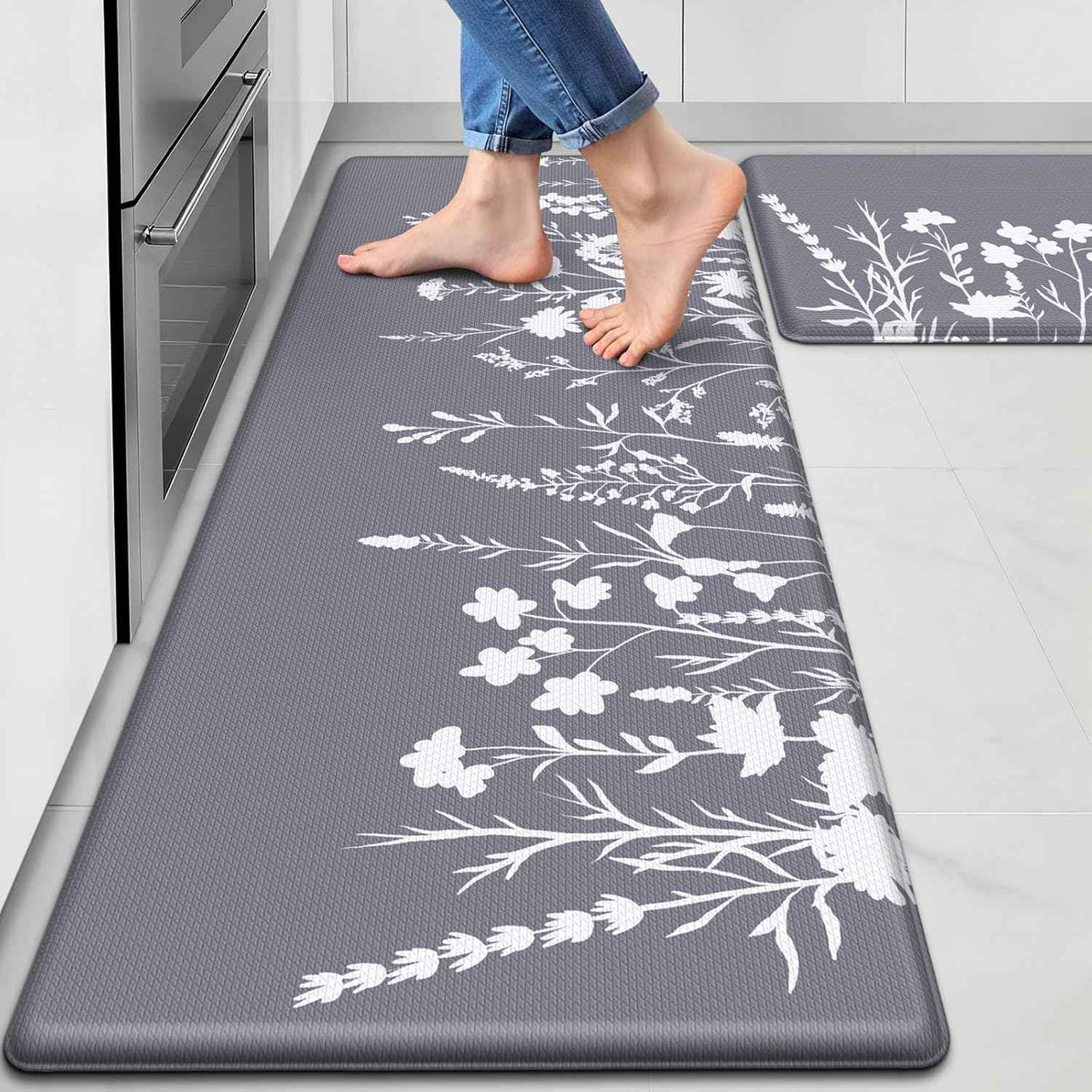 Anti-Fatigue Kitchen Mat Set of 2 | Grey | 17.3"x30" + 17.3"x47" | Non-Slip Cushioned Floor Rug