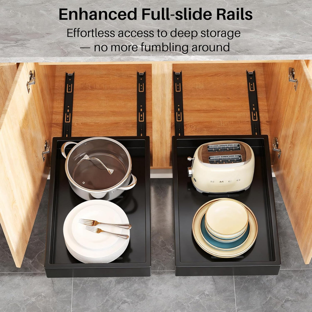 Pull out Cabinet Organizer, 21"Deep, 11.8"Wide Full-Extension Heavy Duty Slide out Drawers with Nano Adhesive, Roll Out Shelves Sliding Cabinet for Kitchen, Bathroom, Pantry,Under Sink Storage(Black) - Field & Nook