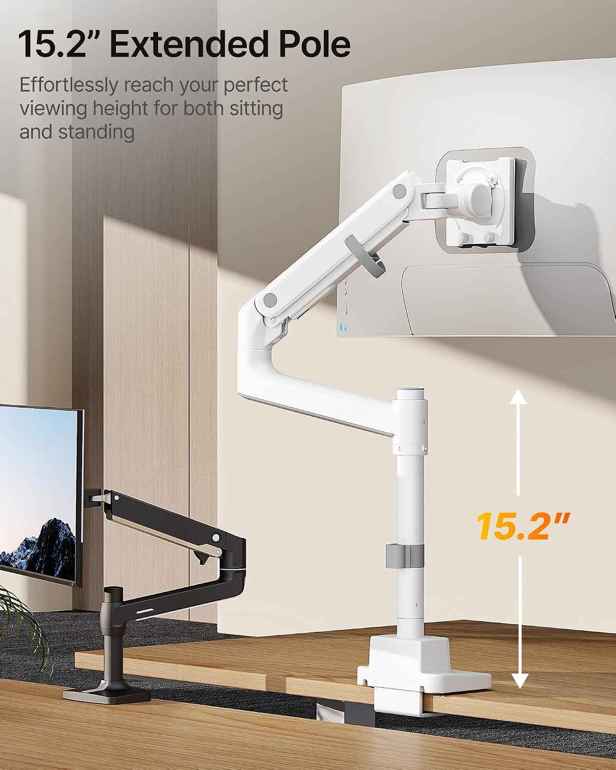 monTEK Ultrawide Monitor Arm Max 57",Height Adjustable 8.1"-25.5",White | Fits 17–57" Curved Monitors, Up to 59.4 lbs,Heavy Duty 75/100 VESA Monitor Stand,No Sag,Gaming & Office Workstation