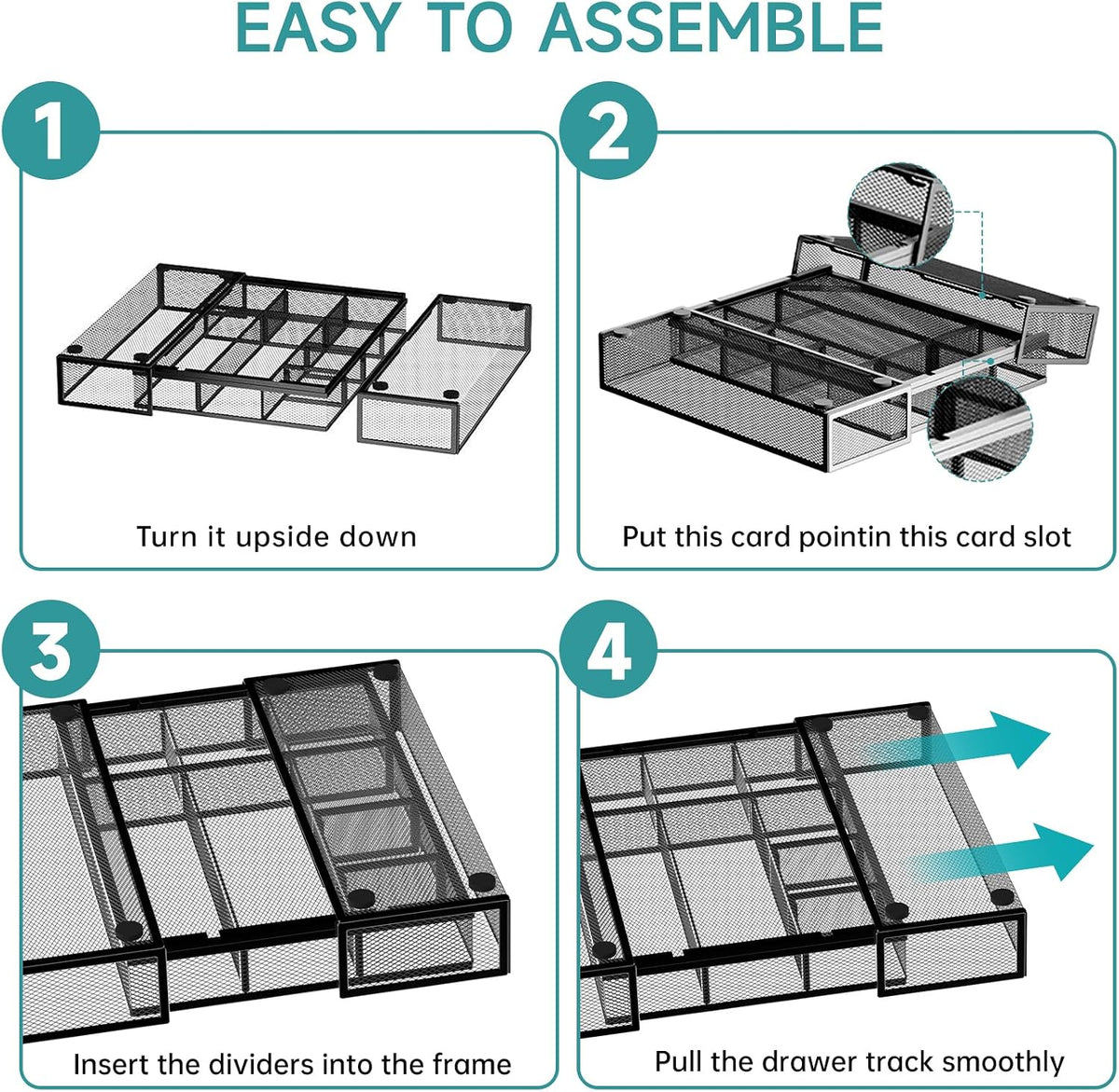2 Pack Expandable Desk Drawer Organizer, 10 Compartments, Black | Metal mesh drawer organizer tray with 5 removable dividers, expands from 8.74 to 16 in for office supplies, makeup or tools - Field & Nook