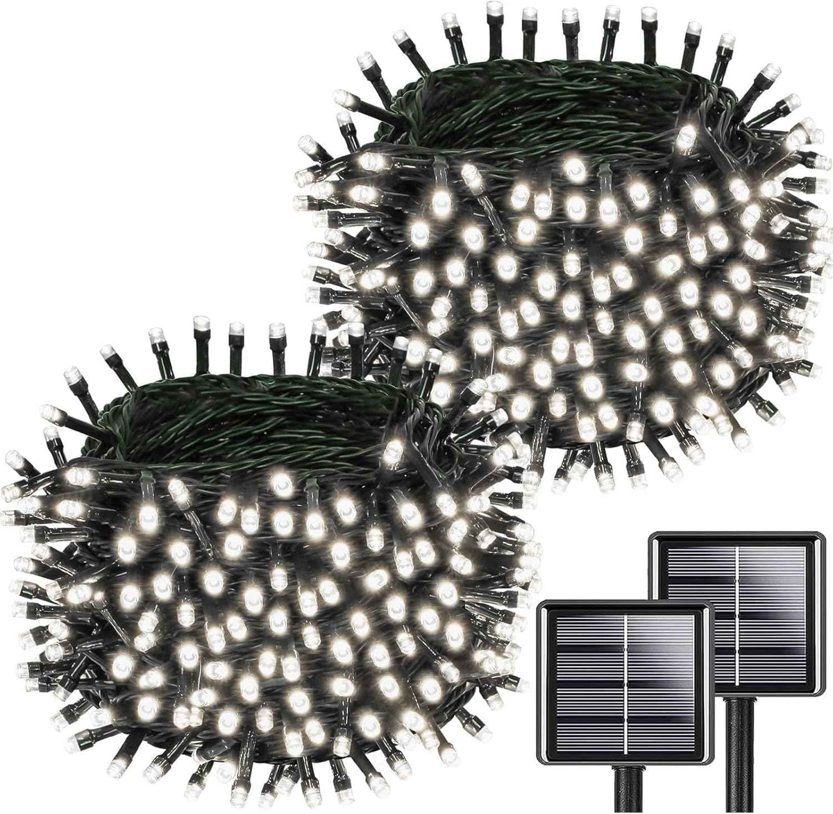 Solar String Lights Outdoor Waterproof 2PK 200LED 66FT Twinkle Lights Auto On/Off Solar Powered LED Fairy Light Green Wire with 8 Modes for Christmas Tree Party Wedding Garden Decoration (Cool White)