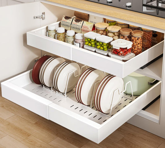 Seinloes 2Pack Pull out Cabinet Organizer 21"Deep with 4 Adjustable Dividers,Expandable（12.1"-20.4"W） Pots and Pans Organizer Under Cabinet with Raising Pad for Framed Cabinets,Slide out Drawers,White - Field & Nook
