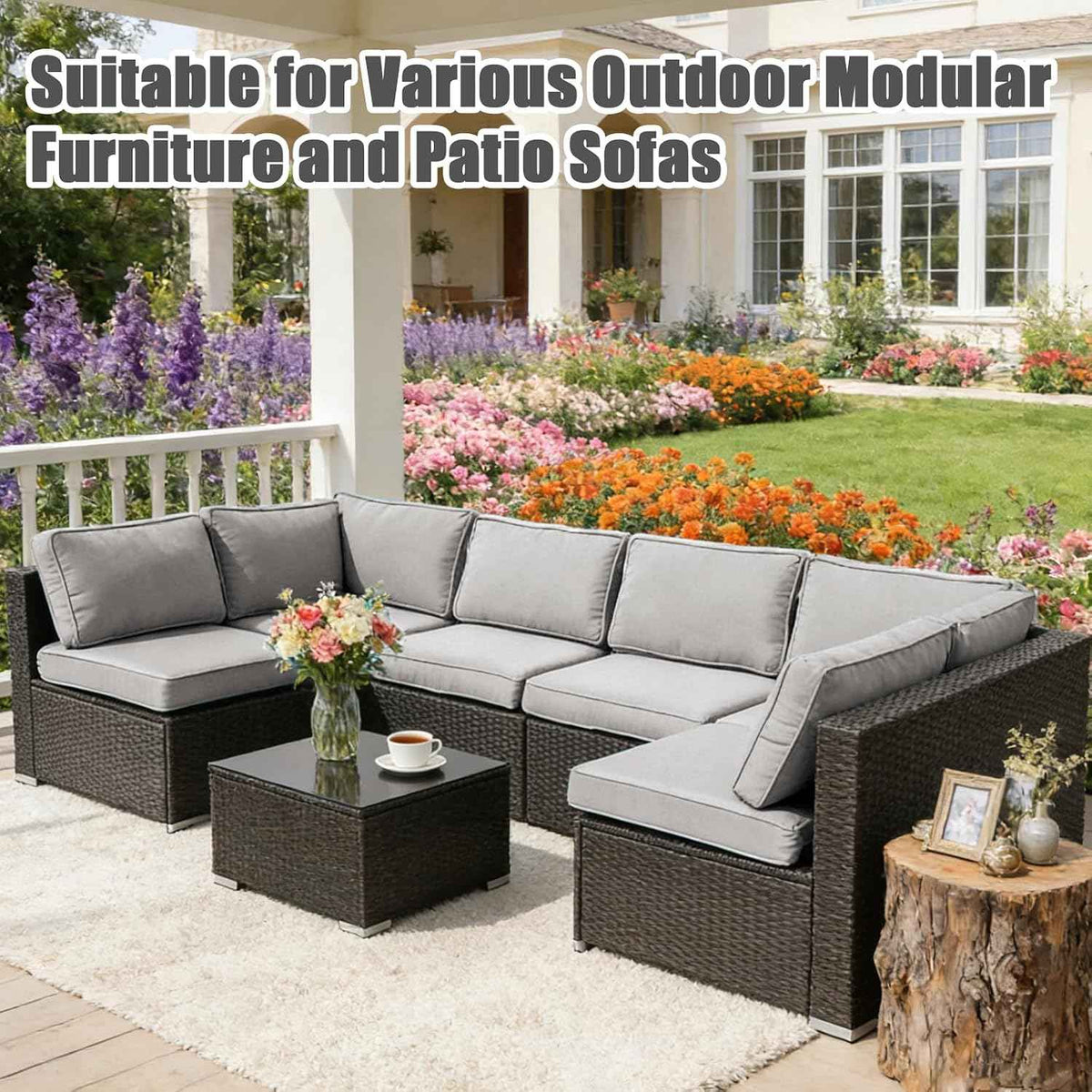 14 Piece Patio Cushion Covers Replacement Splashproof Fade Resistant Outdoor Sofa Slipcovers with Zippers for Sectional, Chair Deck Porch Furniture Protector (Light Gray,23.6x23.6x3.94 Inches)