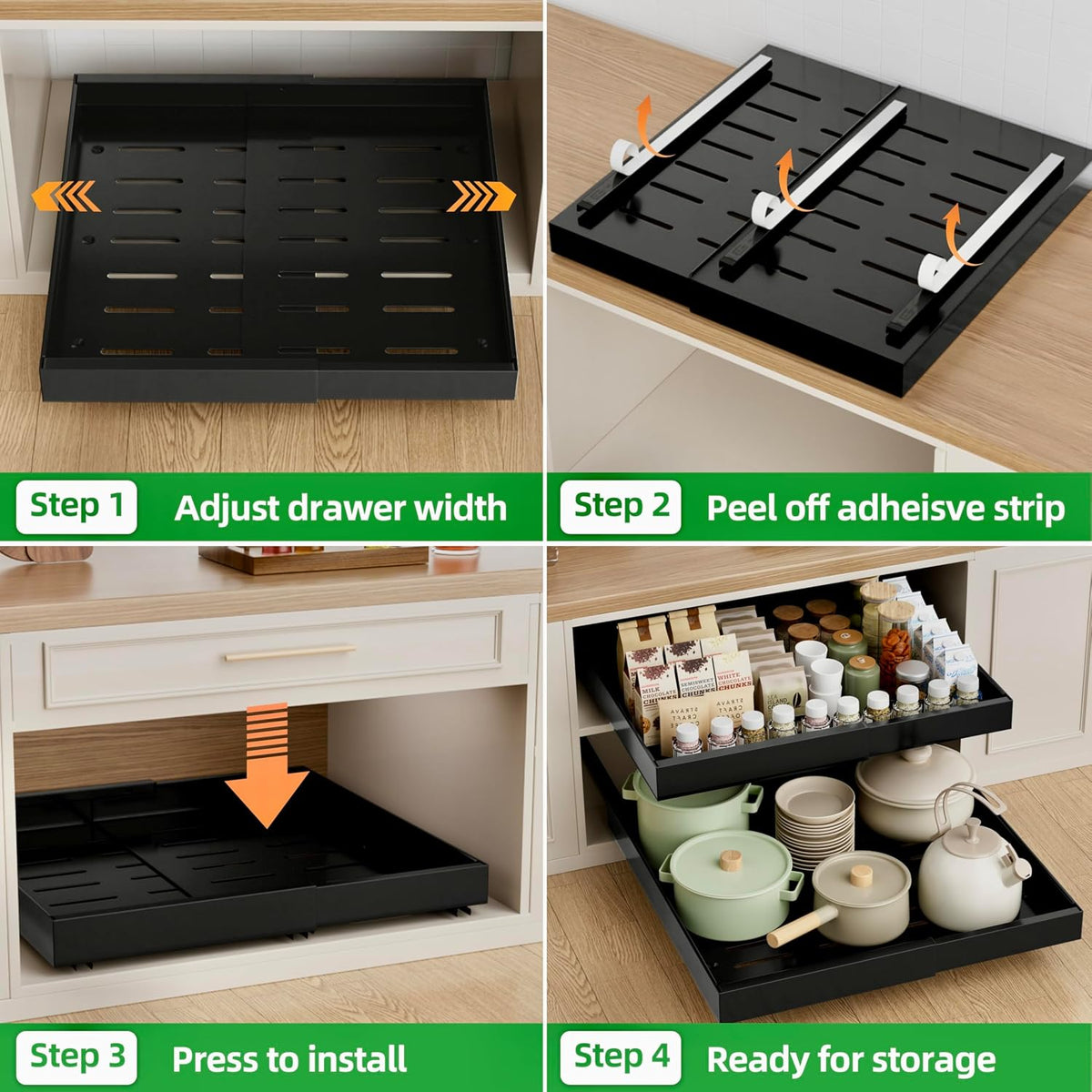 PAKETA 2 Pack Expandable Pull Out Cabinet Organizer,21" Deep | Pull Out Drawers for Cabinets with width from 12" to 20",Sliding Drawers for Cabinets with Upgrade 3 Slide Rails,hold 65 lbs - Field & Nook
