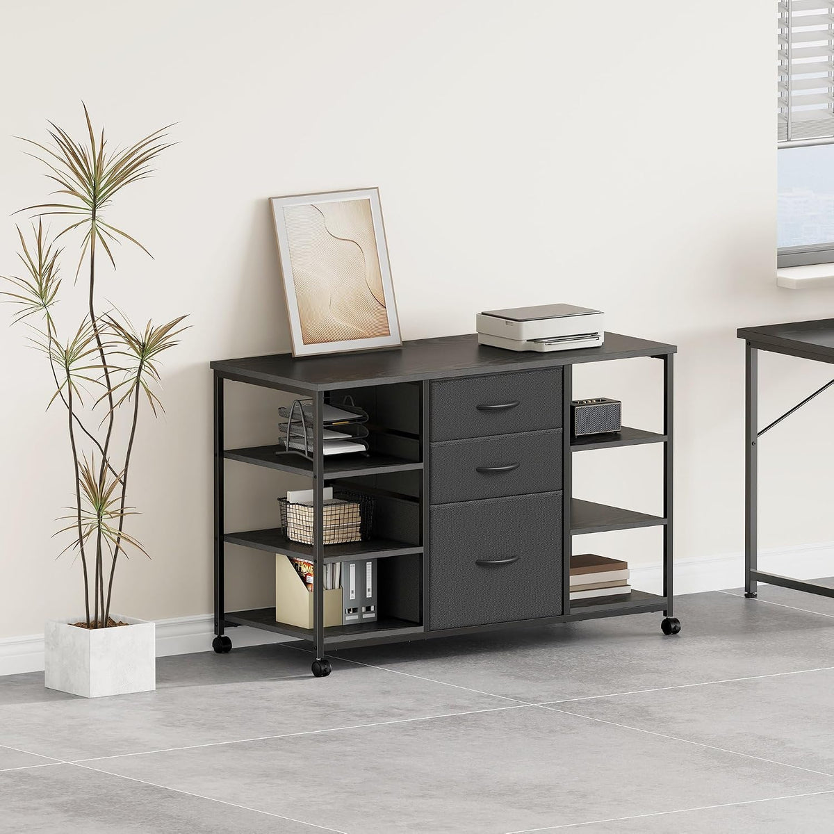 YeTom Mobile File Cabinet,Lateral Filing Cabinet with 3 Fabric Drawers,Rolling Printer Stand with 4 Open Storage Shelf for Home Office,Black - Field & Nook