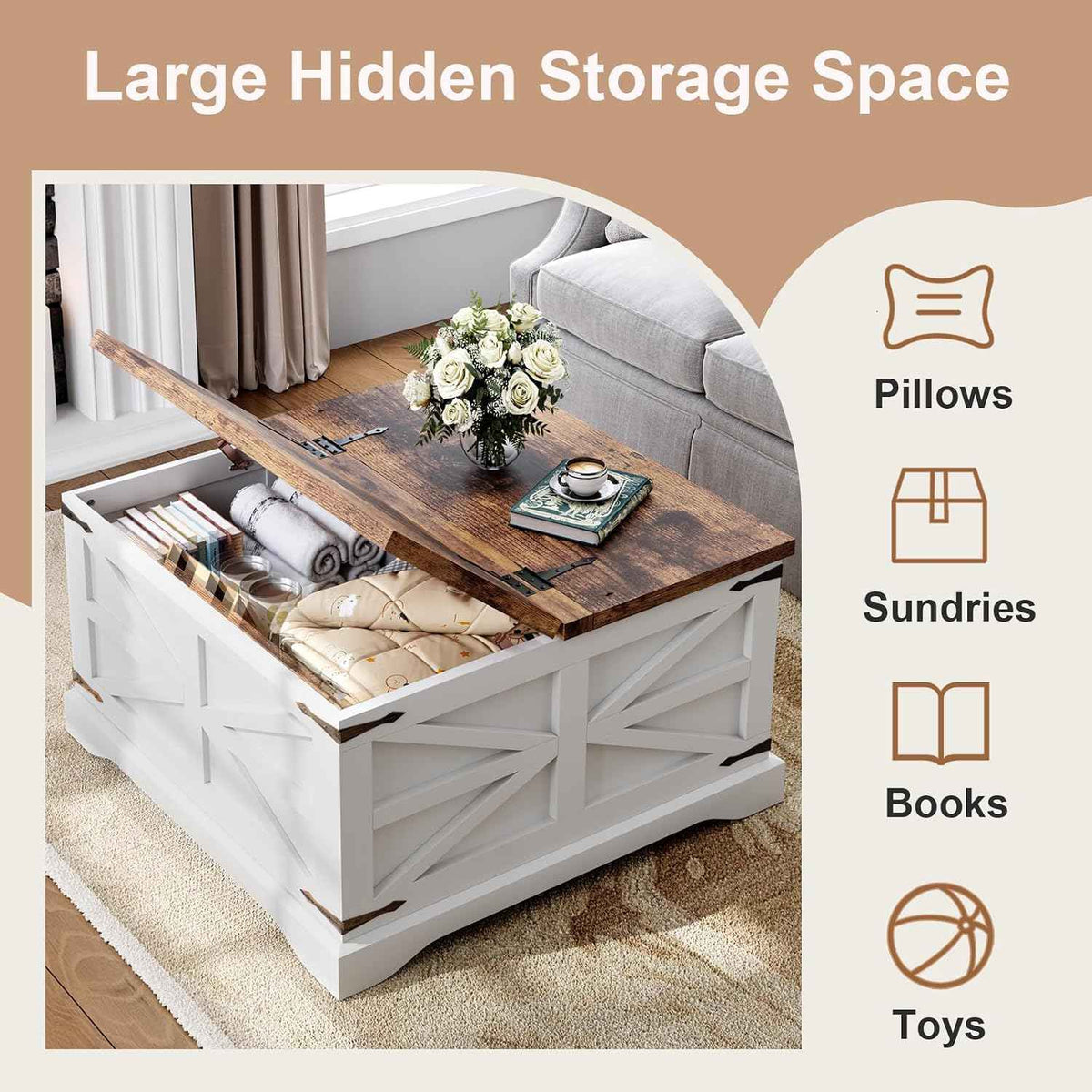 MXV Farmhouse Coffee Table with Storage, White