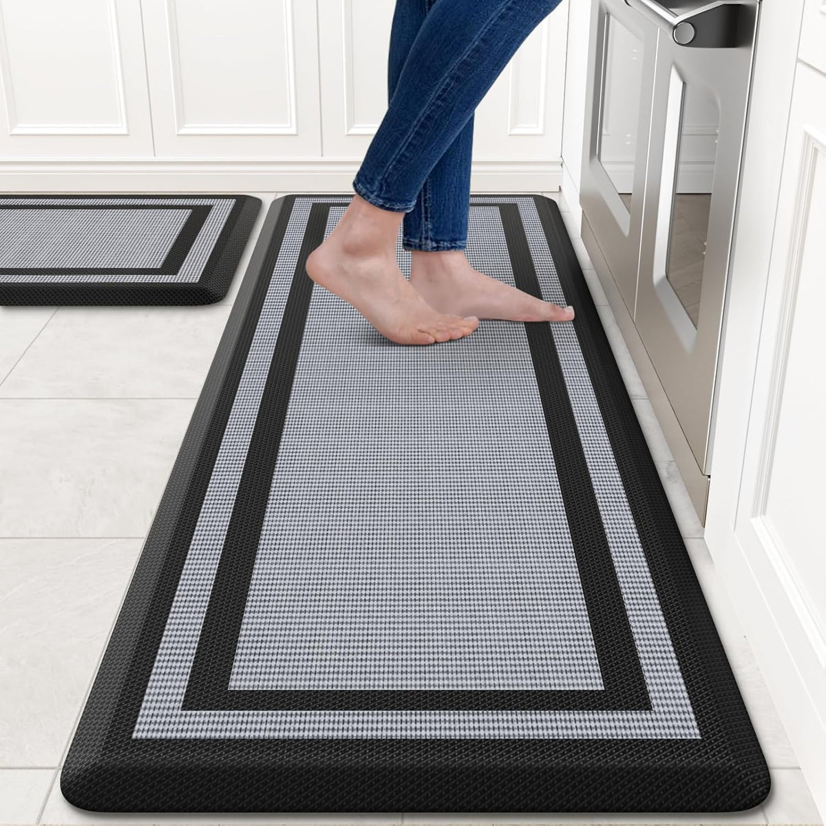 Waterproof Kitchen Mat Set – Two Black Cushioned Anti-Fatigue Rugs