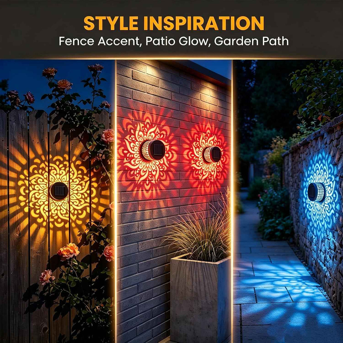 Solar Mandala Outdoor Wall Lights, 4 Pack 7 Color Changing Metal Fence Lanterns, Waterproof Solar Powered Deck Step Stair Lights for Garden Patio Yard Landscape Decor