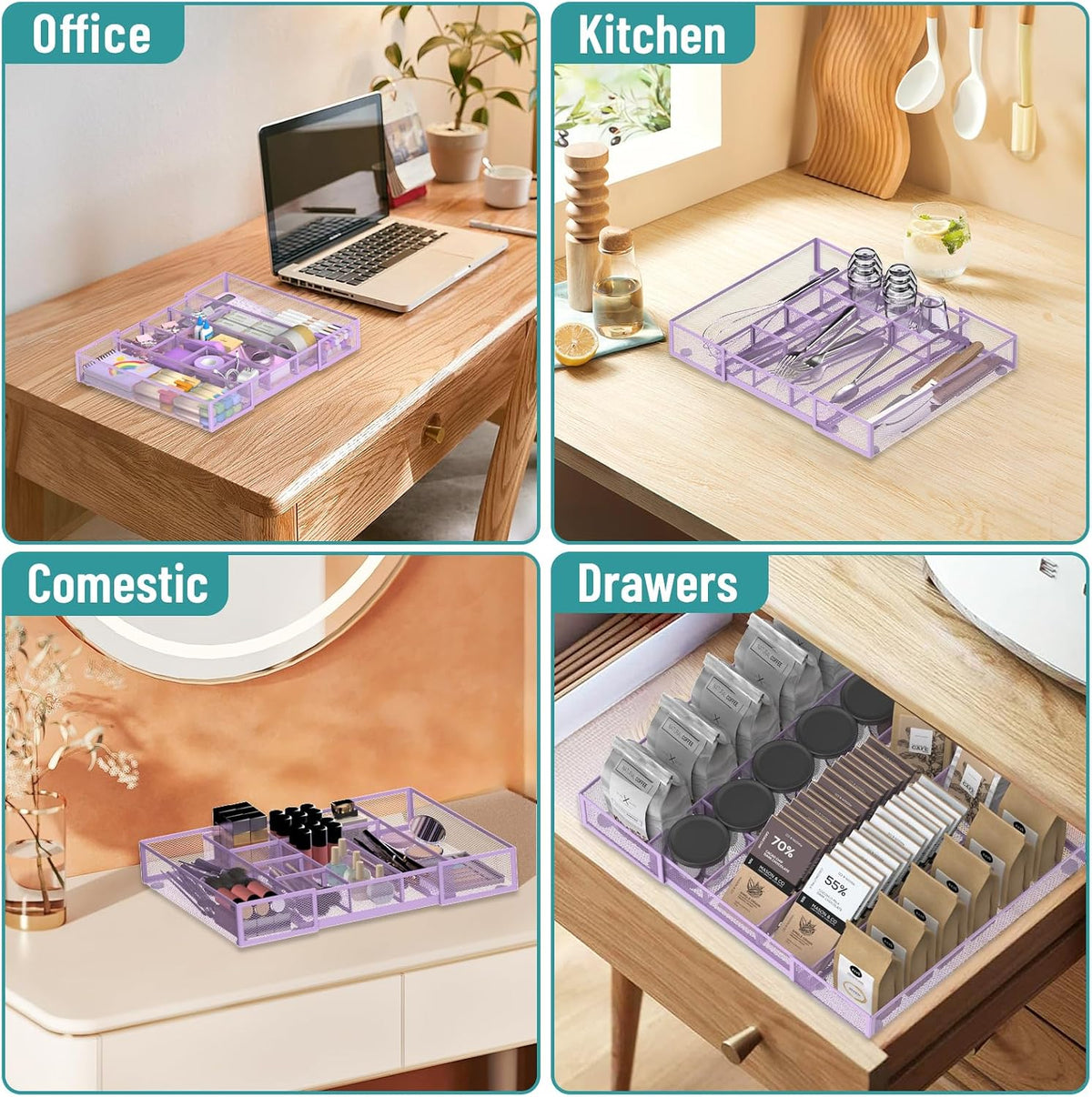 Expandable Desk Drawer Organizer, 10 Adjustable Compartment, Purple | Metal mesh drawer organizer tray with 5 removable dividers, expands from 8.74 to 16 in for office supplies, makeup or tools - Field & Nook