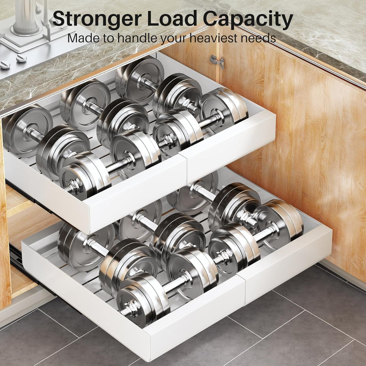 Pull out Cabinet Organizer, Wider Expandable(14"-24") Heavy Duty Slide out Drawers Fixed with Adhesive Nano Film for Pots, Roll out Shelf Storage for Kitchen Cabinet Organization(White-1pc)(3 Rails) - Field & Nook